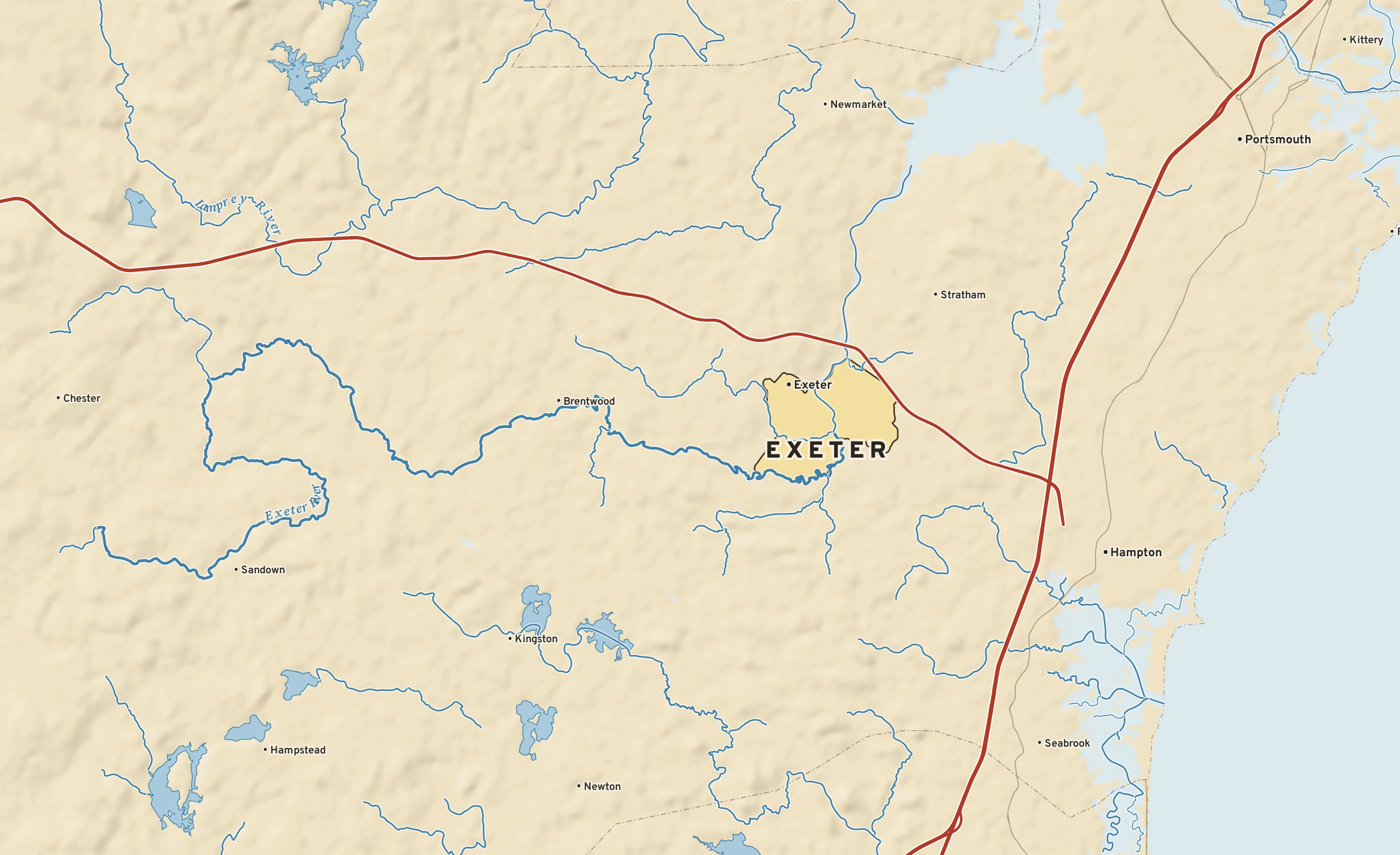 Shaded-relief atlas plate of Exeter, New Hampshire: rivers, roads, the city limits and where the water drains.