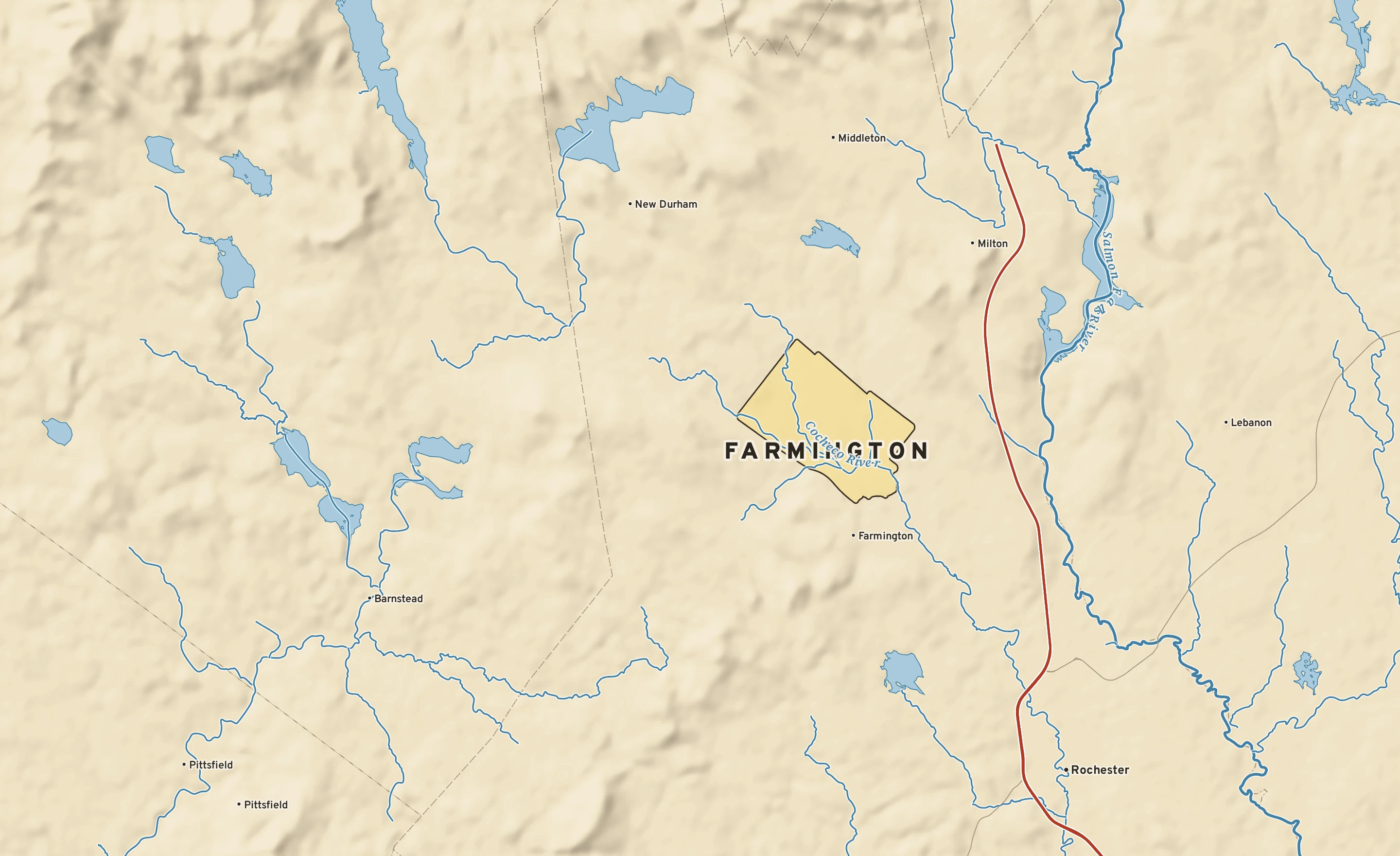 Shaded-relief atlas plate of Farmington, New Hampshire: rivers, roads, the city limits and where the water drains.