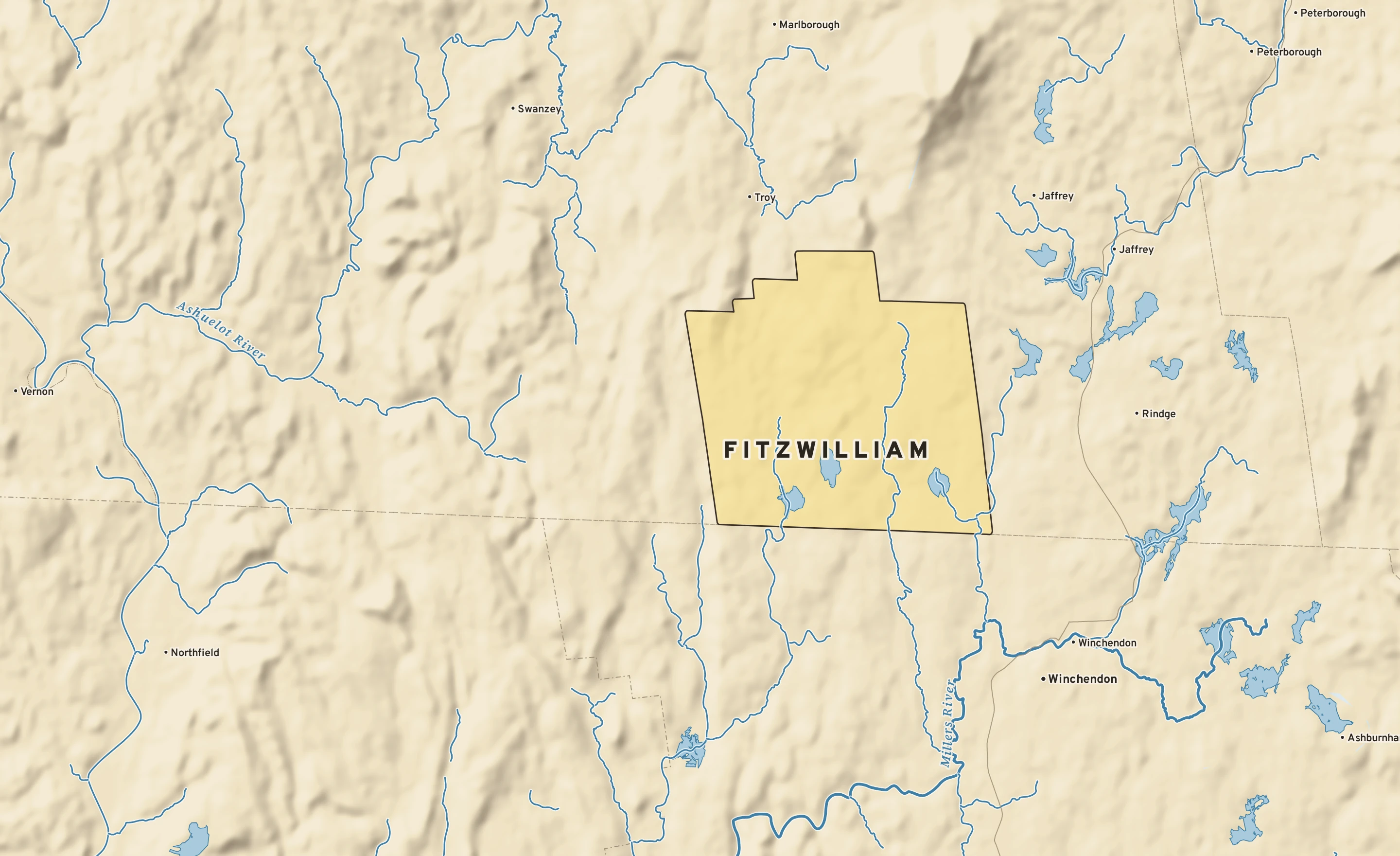 Shaded-relief atlas plate of Fitzwilliam, New Hampshire: rivers, roads, the city limits and where the water drains.
