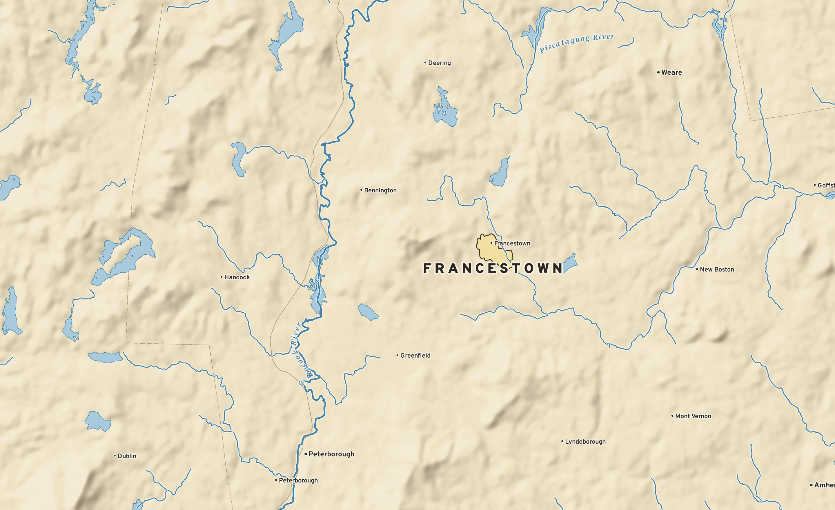 Shaded-relief atlas plate of Francestown, New Hampshire: rivers, roads, the city limits and where the water drains.