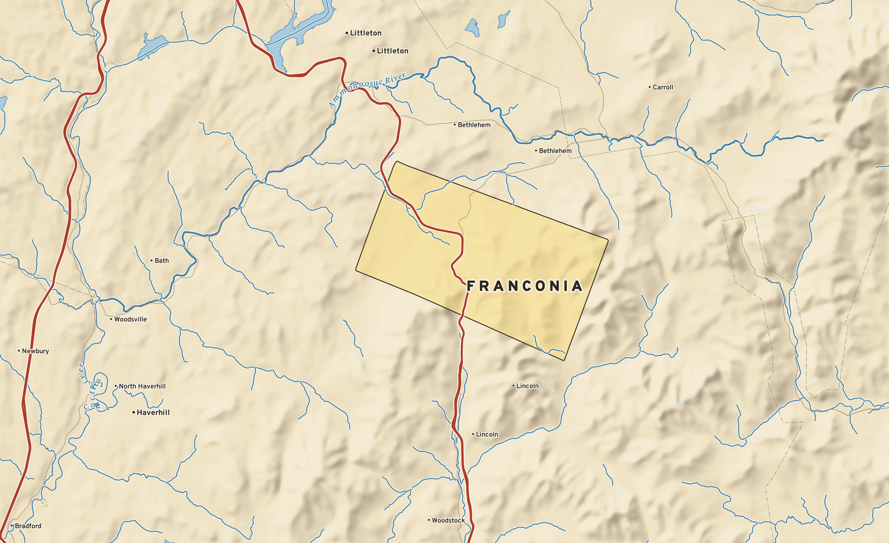 Shaded-relief atlas plate of Franconia, New Hampshire: rivers, roads, the city limits and where the water drains.