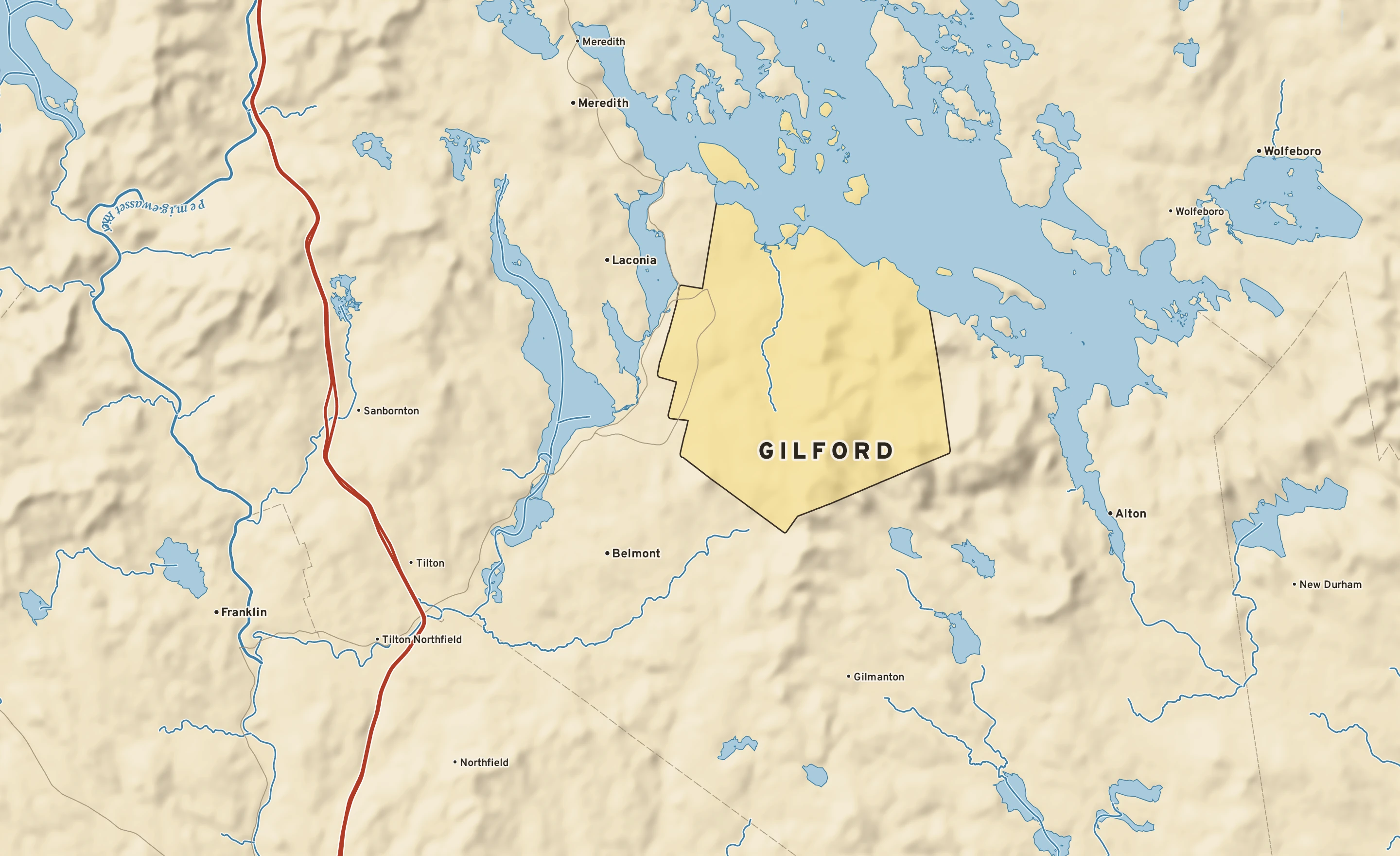 Shaded-relief atlas plate of Gilford, New Hampshire: rivers, roads, the city limits and where the water drains.