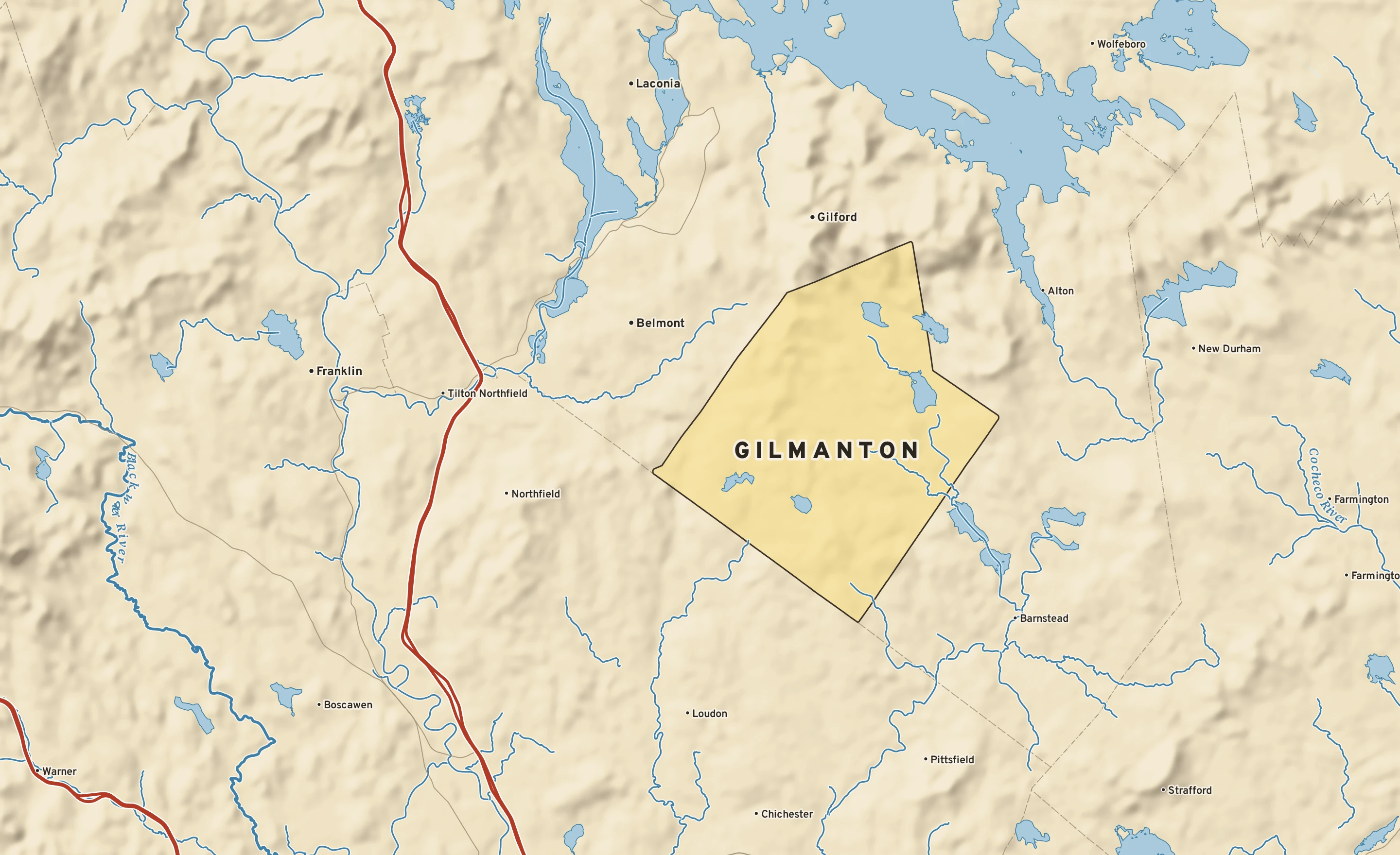 Shaded-relief atlas plate of Gilmanton, New Hampshire: rivers, roads, the city limits and where the water drains.