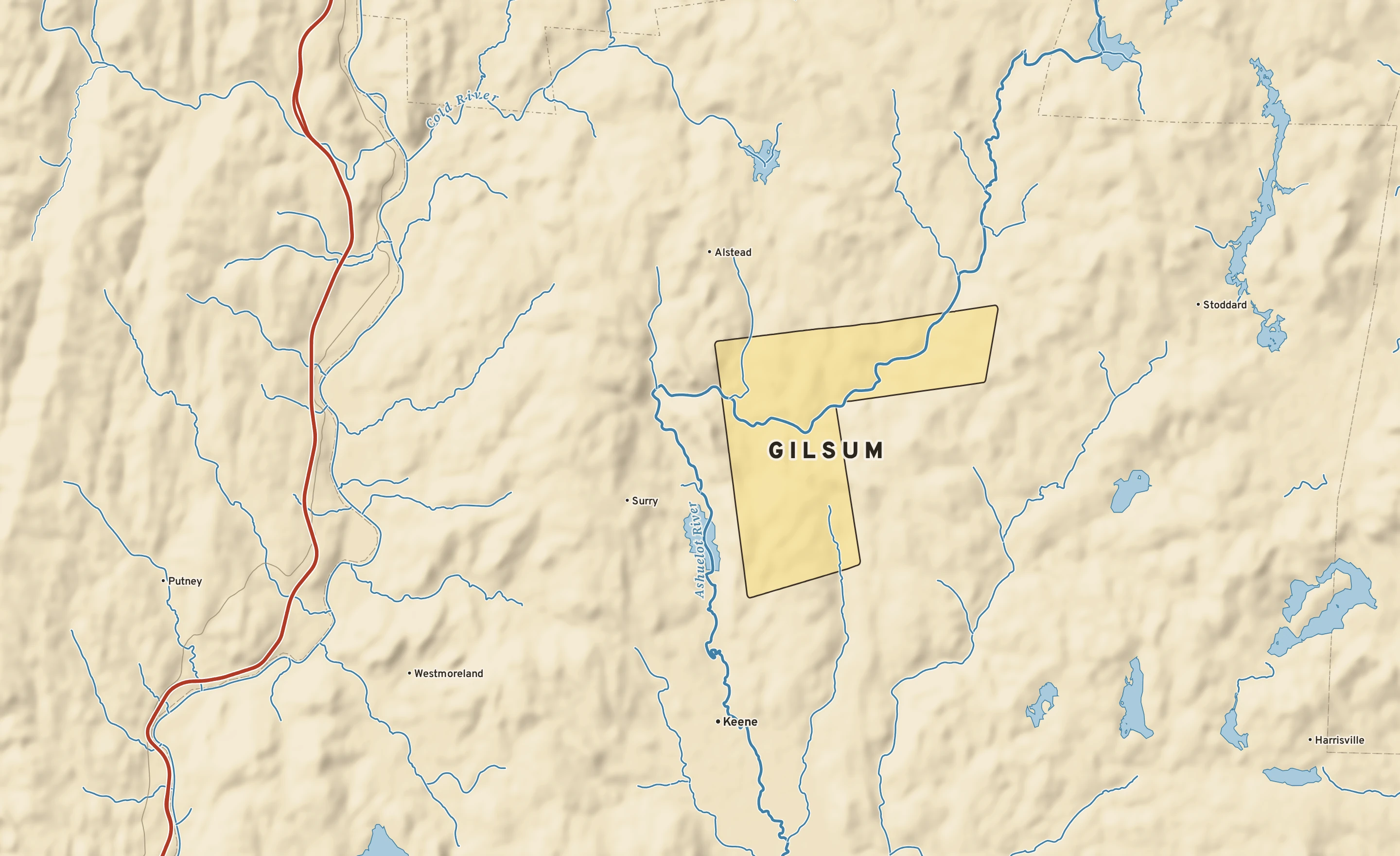 Shaded-relief atlas plate of Gilsum, New Hampshire: rivers, roads, the city limits and where the water drains.