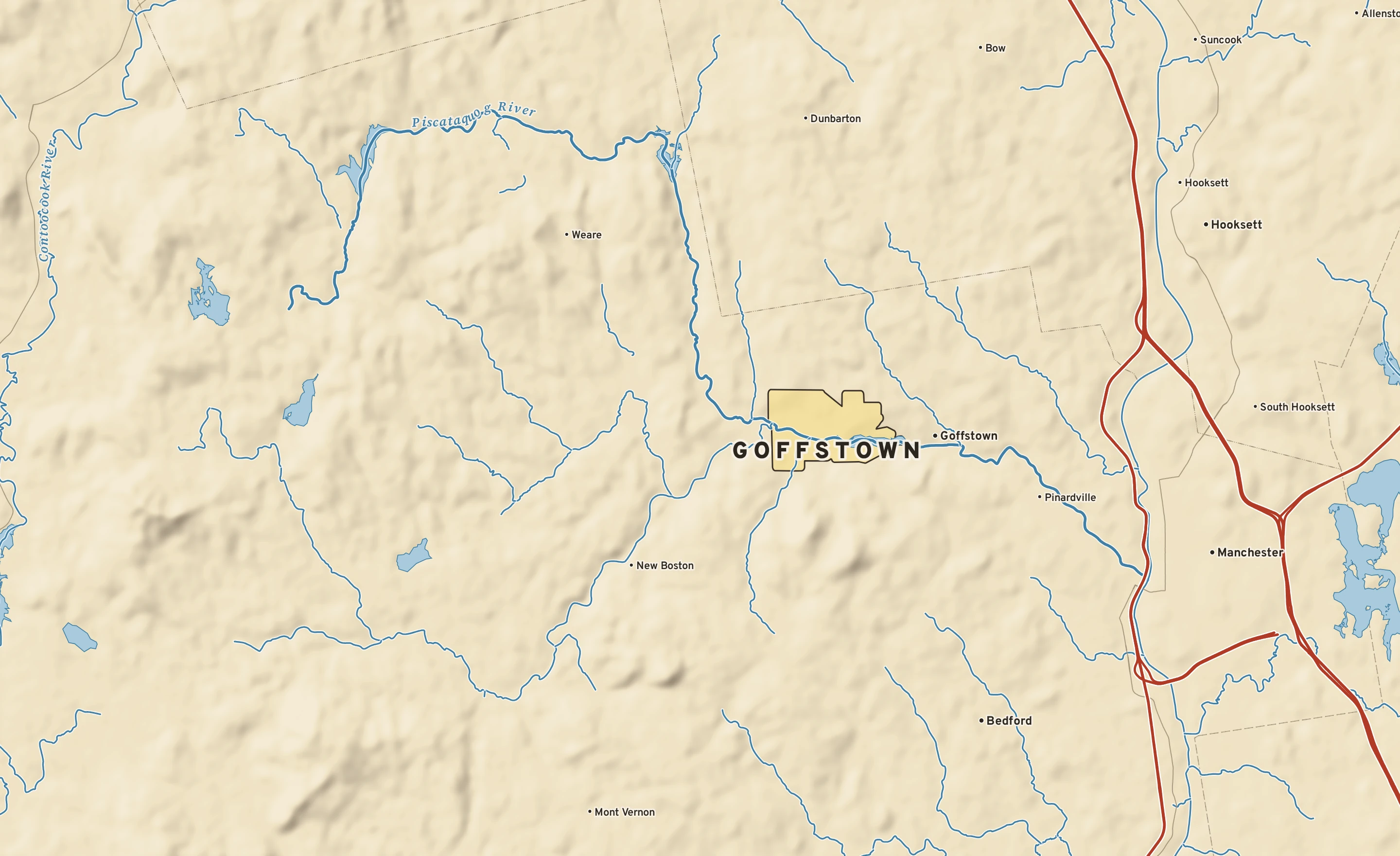 Shaded-relief atlas plate of Goffstown, New Hampshire: rivers, roads, the city limits and where the water drains.