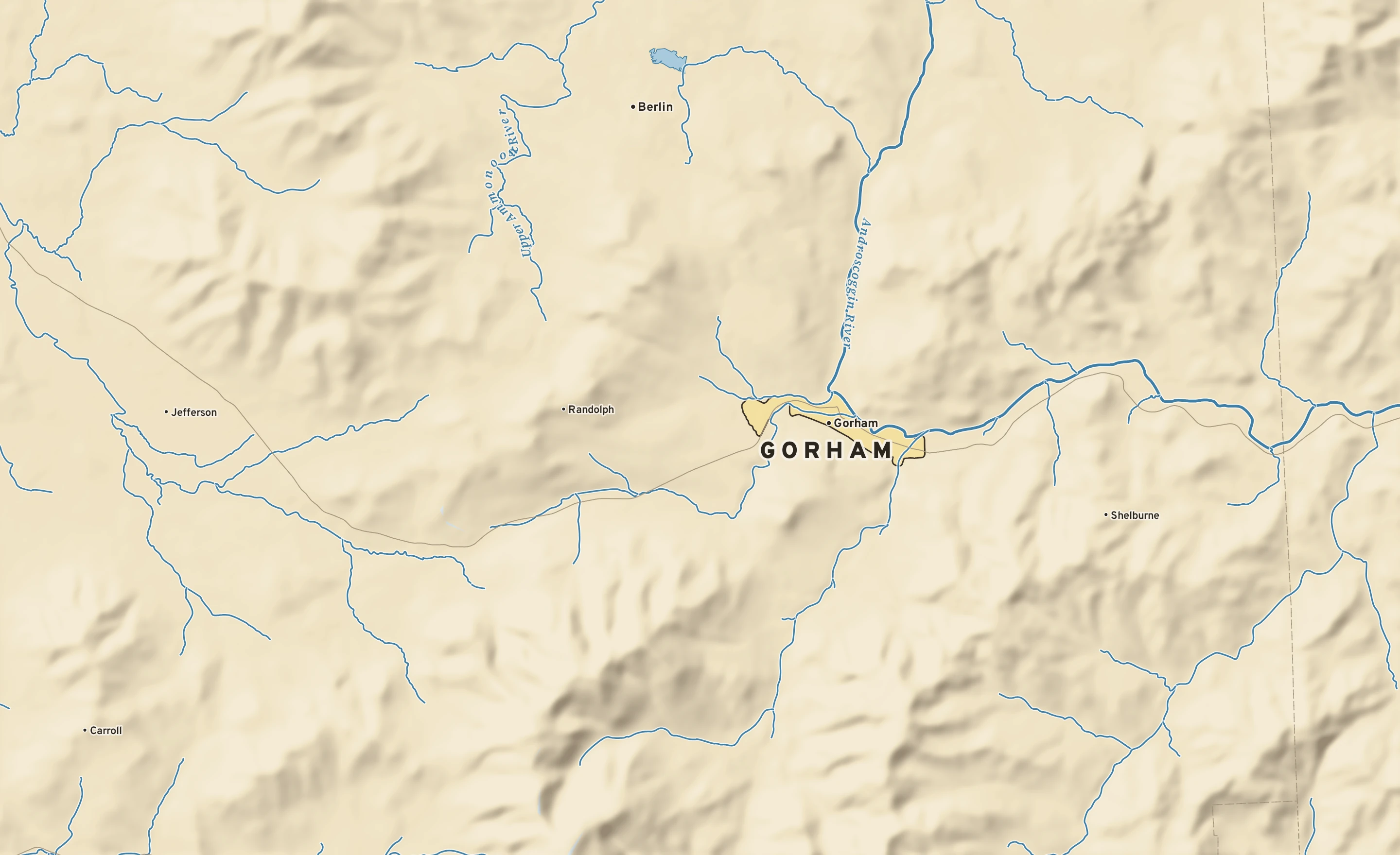 Shaded-relief atlas plate of Gorham, New Hampshire: rivers, roads, the city limits and where the water drains.