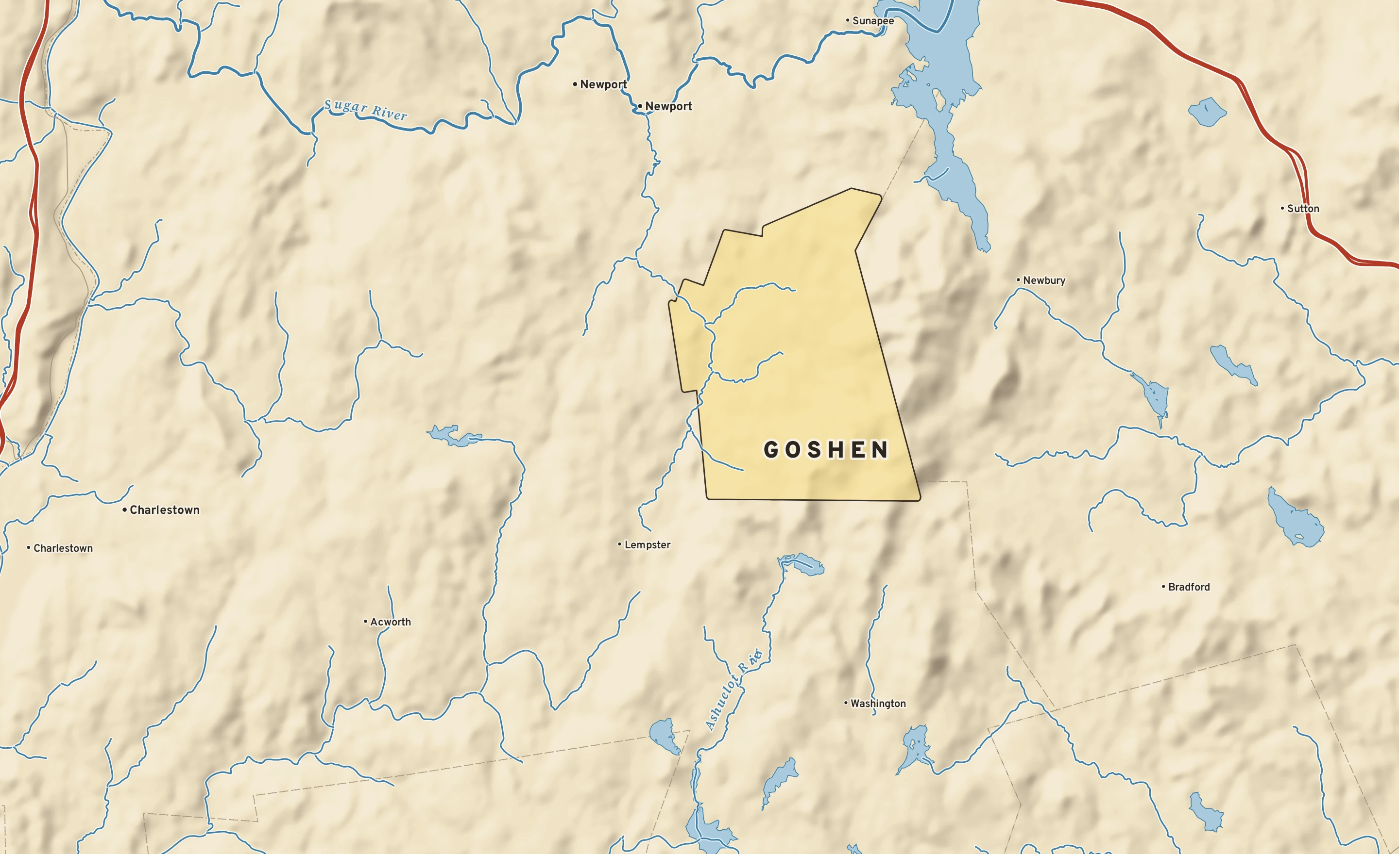 Shaded-relief atlas plate of Goshen, New Hampshire: rivers, roads, the city limits and where the water drains.