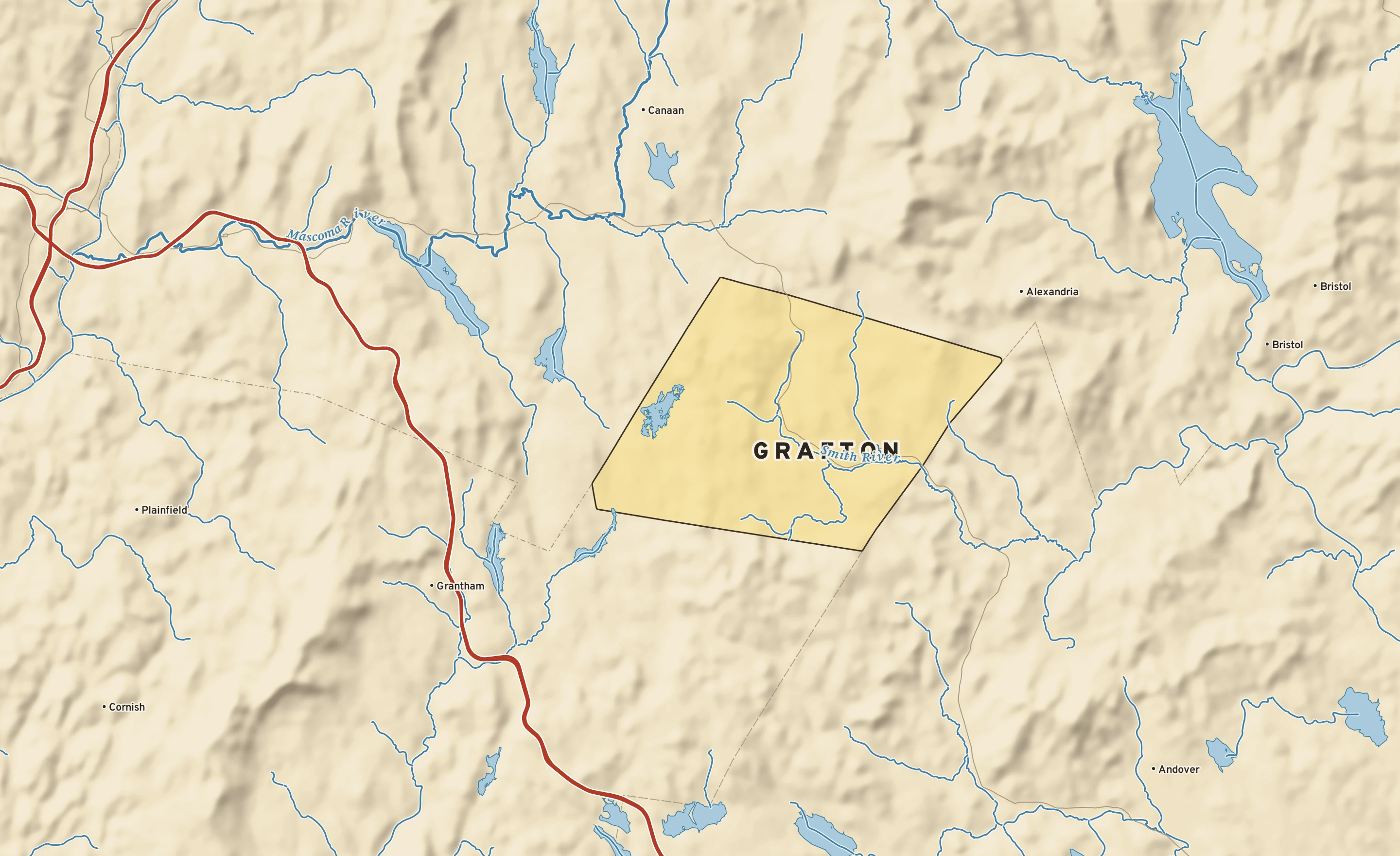 Shaded-relief atlas plate of Grafton, New Hampshire: rivers, roads, the city limits and where the water drains.