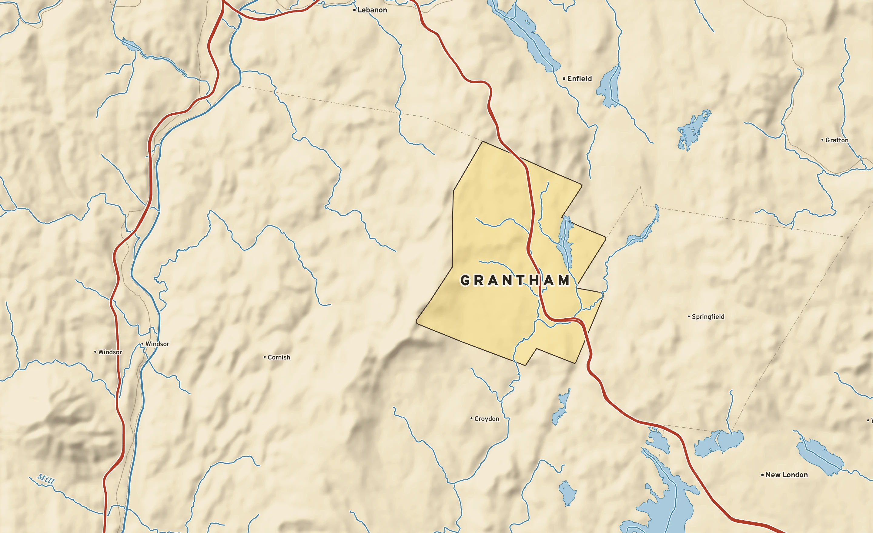 Shaded-relief atlas plate of Grantham, New Hampshire: rivers, roads, the city limits and where the water drains.