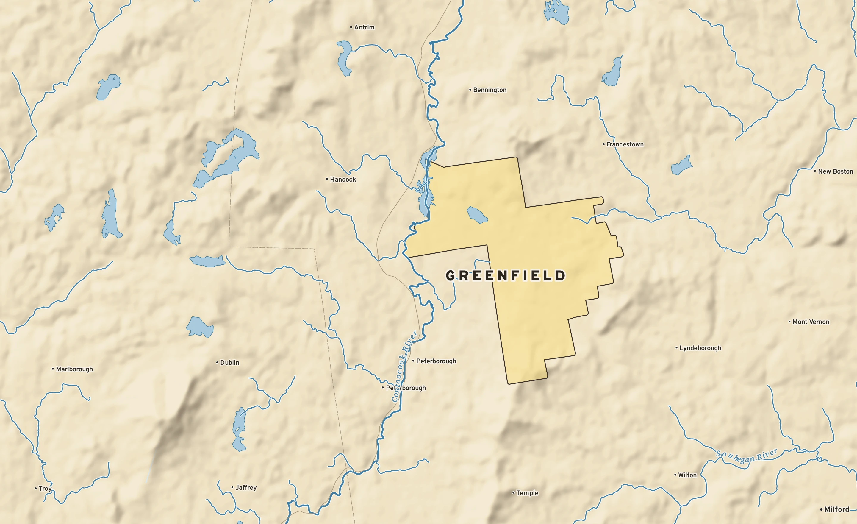Shaded-relief atlas plate of Greenfield, New Hampshire: rivers, roads, the city limits and where the water drains.