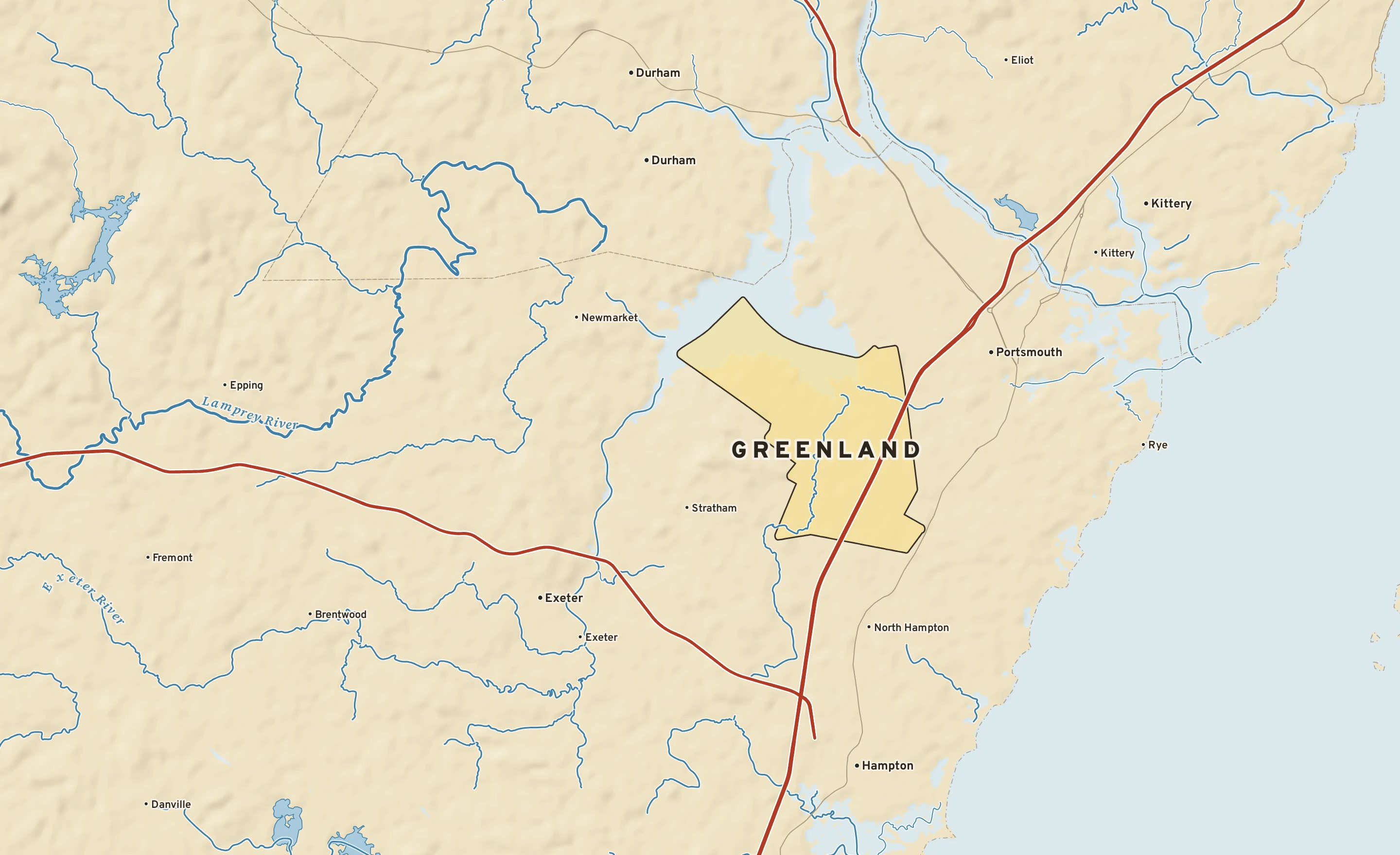 Shaded-relief atlas plate of Greenland, New Hampshire: rivers, roads, the city limits and where the water drains.