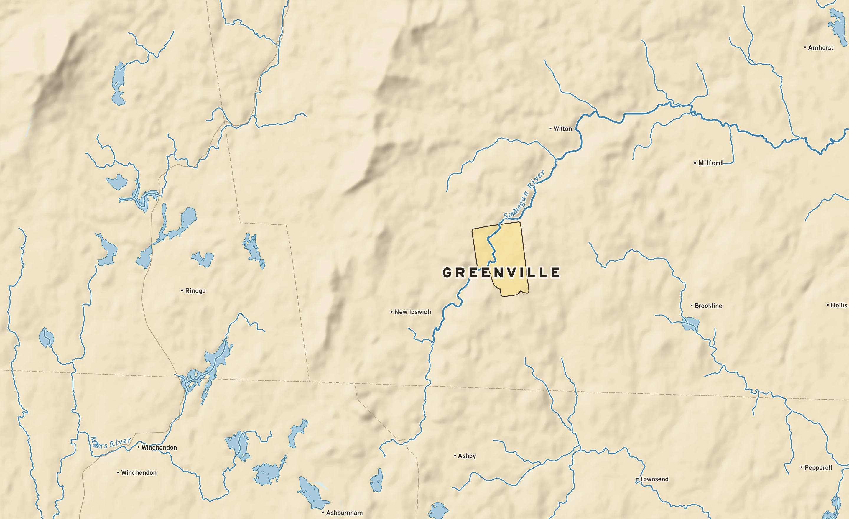 Shaded-relief atlas plate of Greenville, New Hampshire: rivers, roads, the city limits and where the water drains.