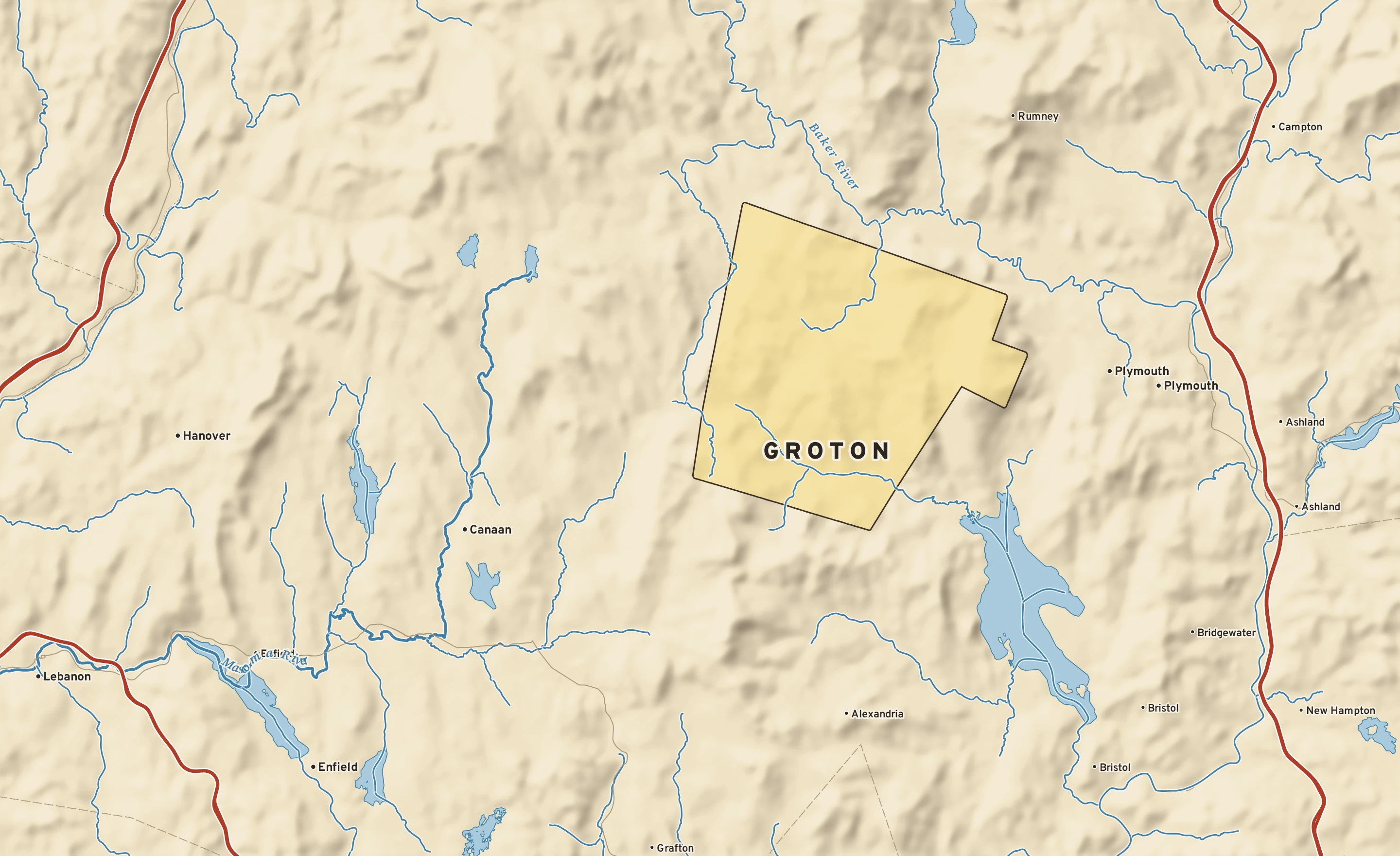 Shaded-relief atlas plate of Groton, New Hampshire: rivers, roads, the city limits and where the water drains.
