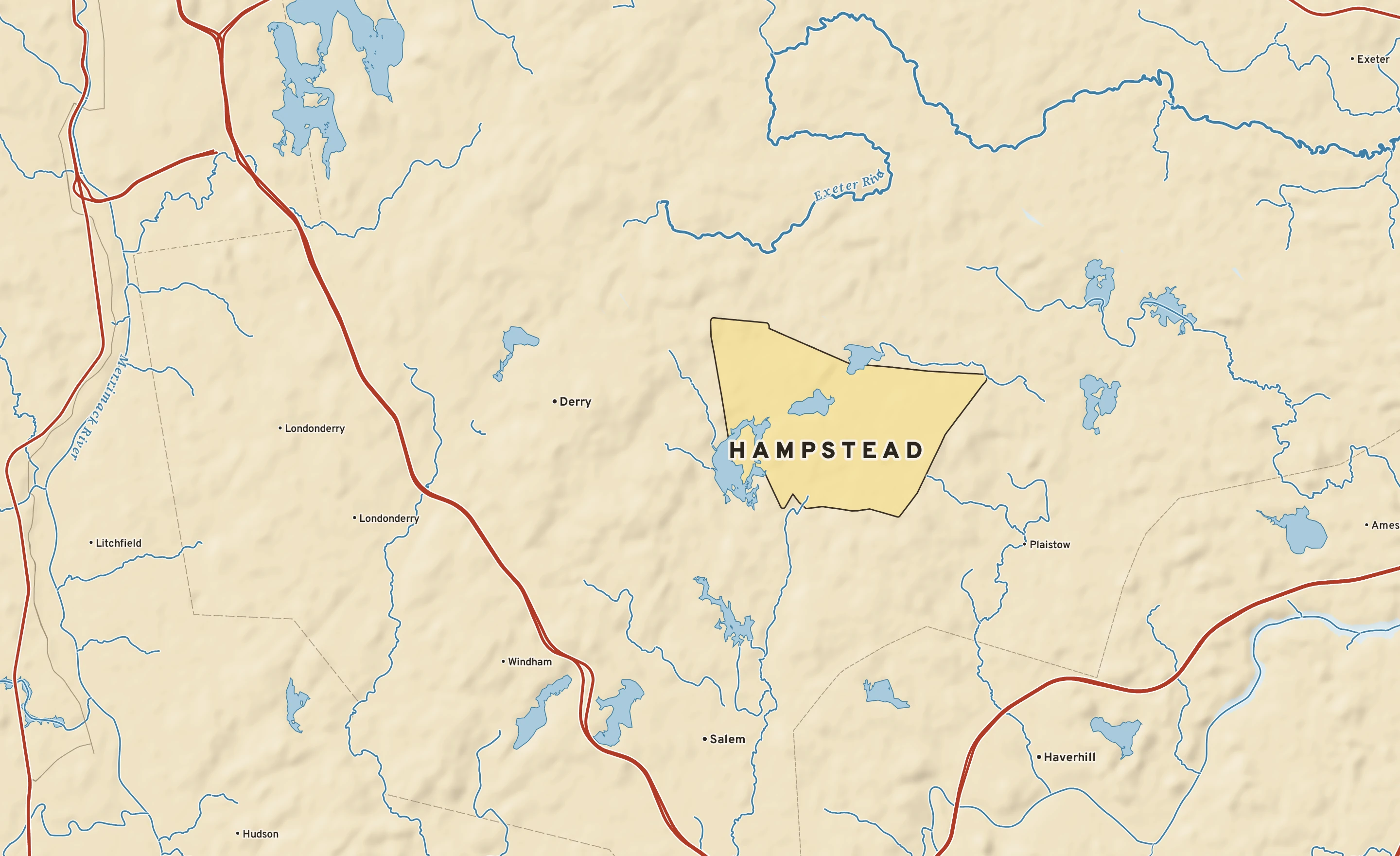 Shaded-relief atlas plate of Hampstead, New Hampshire: rivers, roads, the city limits and where the water drains.
