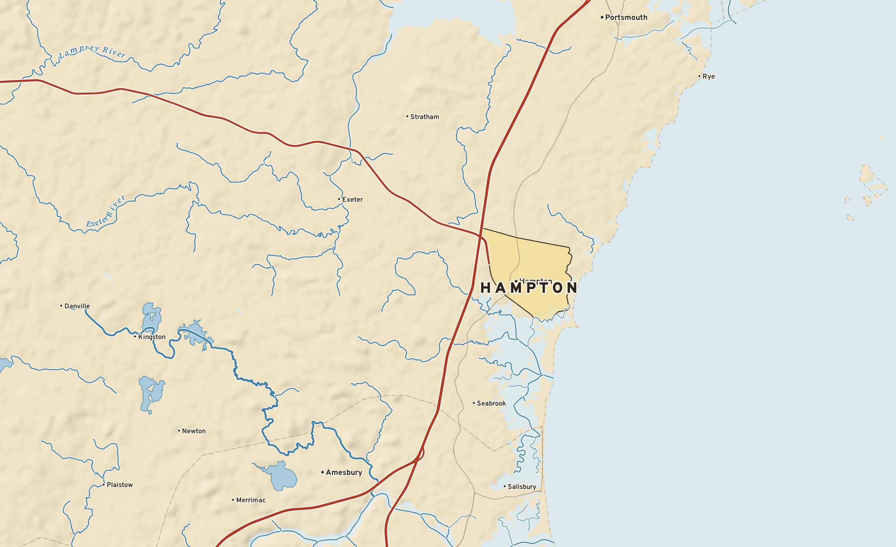 Shaded-relief atlas plate of Hampton, New Hampshire: rivers, roads, the city limits and where the water drains.