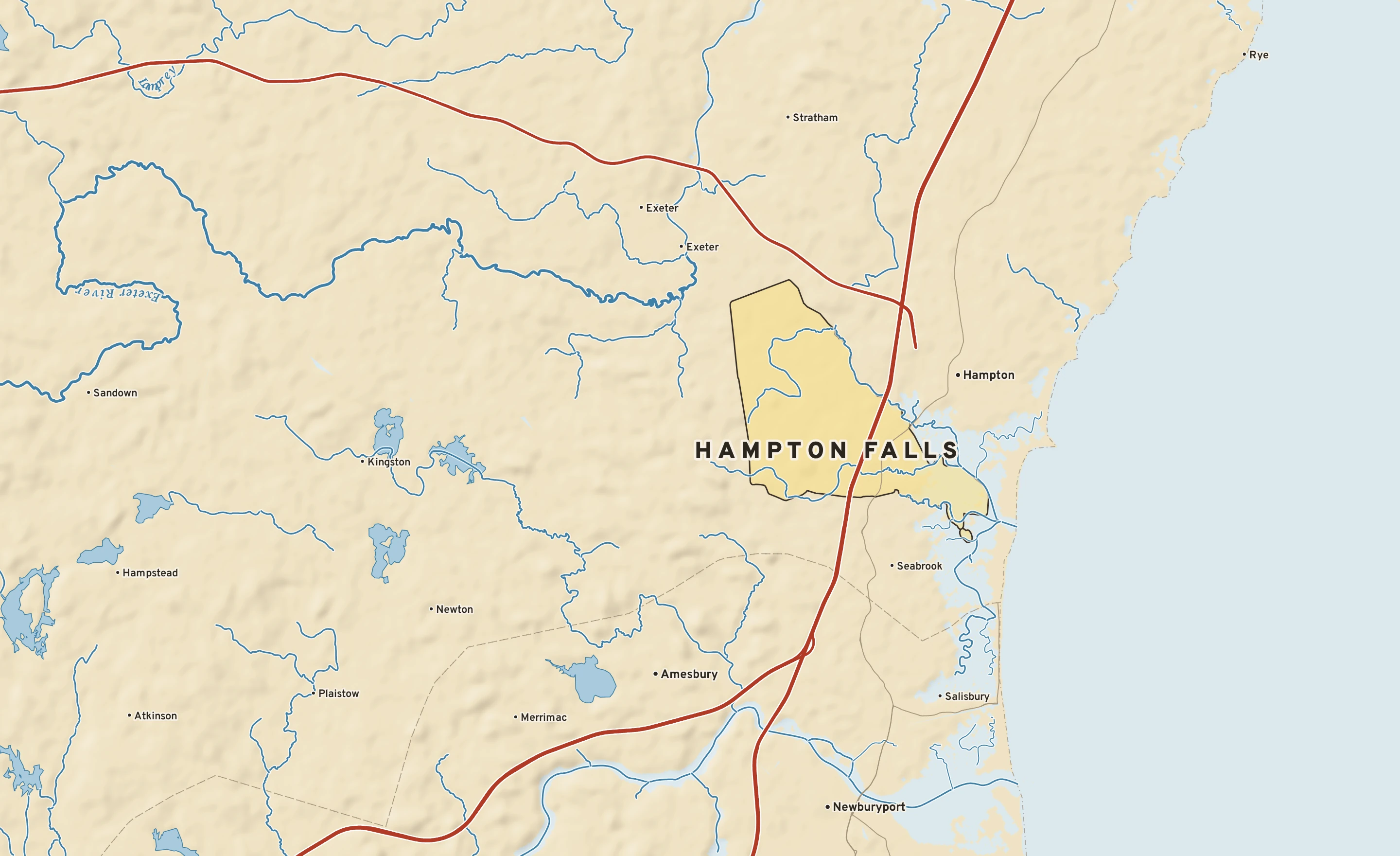 Shaded-relief atlas plate of Hampton Falls, New Hampshire: rivers, roads, the city limits and where the water drains.