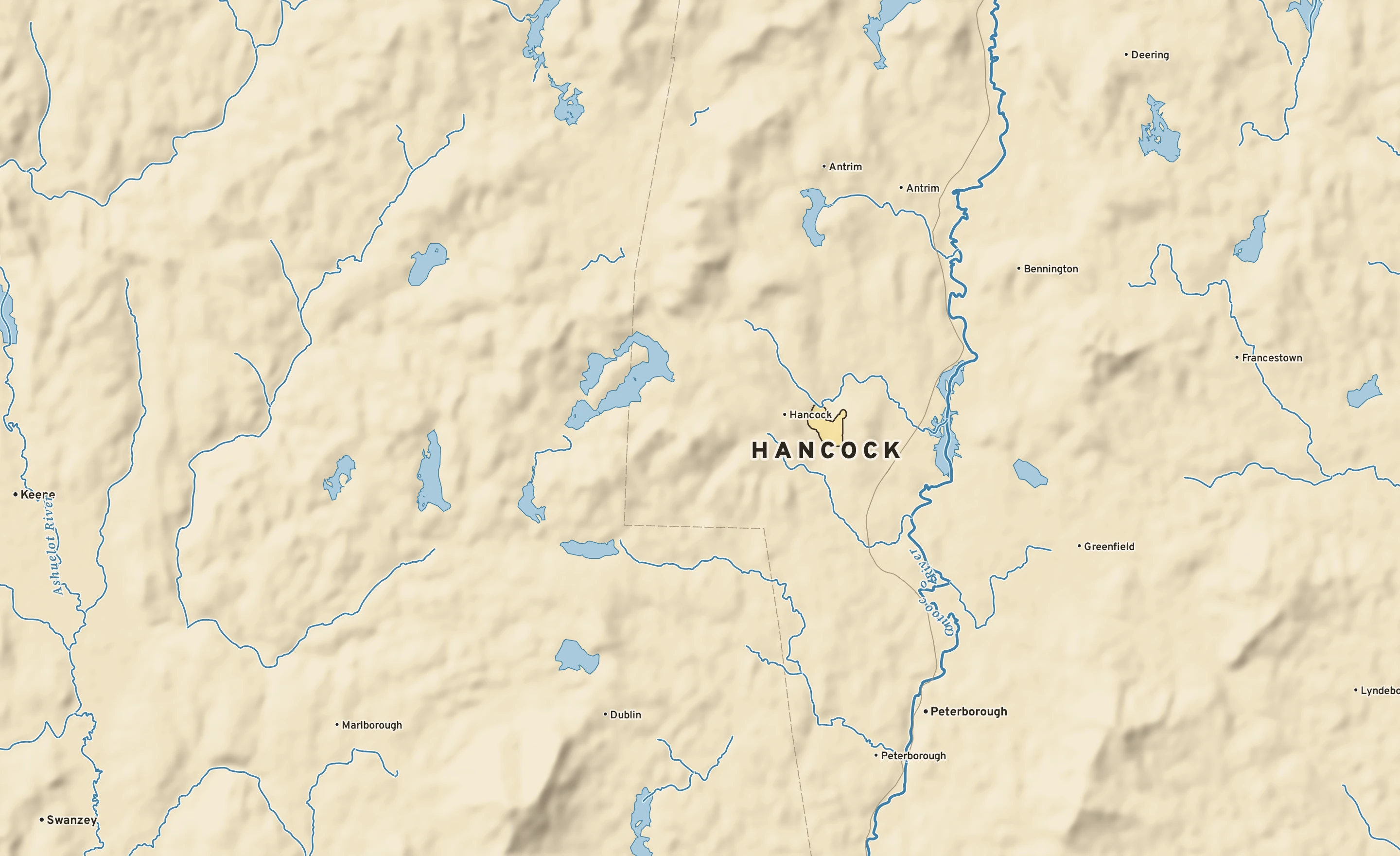 Shaded-relief atlas plate of Hancock, New Hampshire: rivers, roads, the city limits and where the water drains.