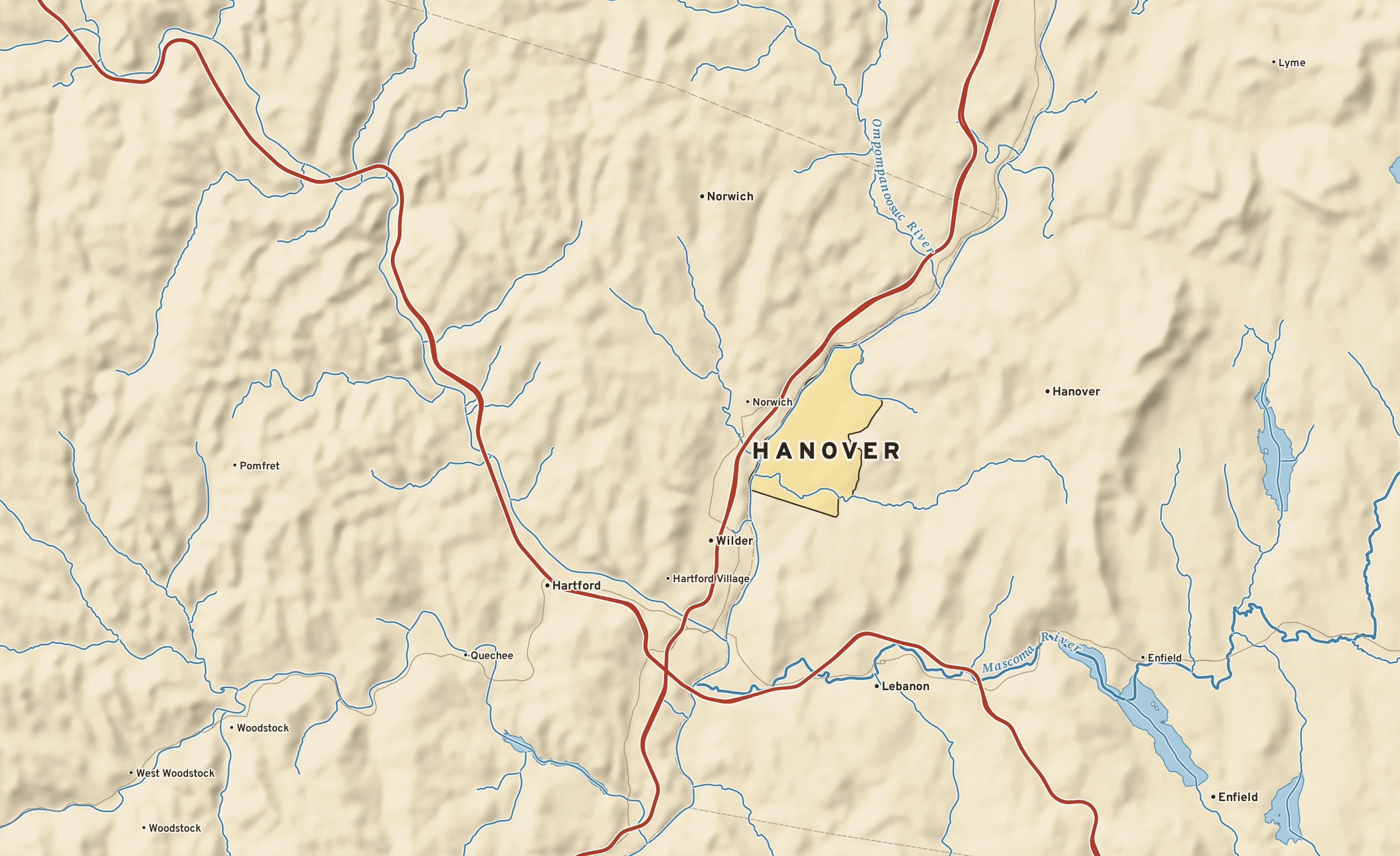 Shaded-relief atlas plate of Hanover, New Hampshire: rivers, roads, the city limits and where the water drains.
