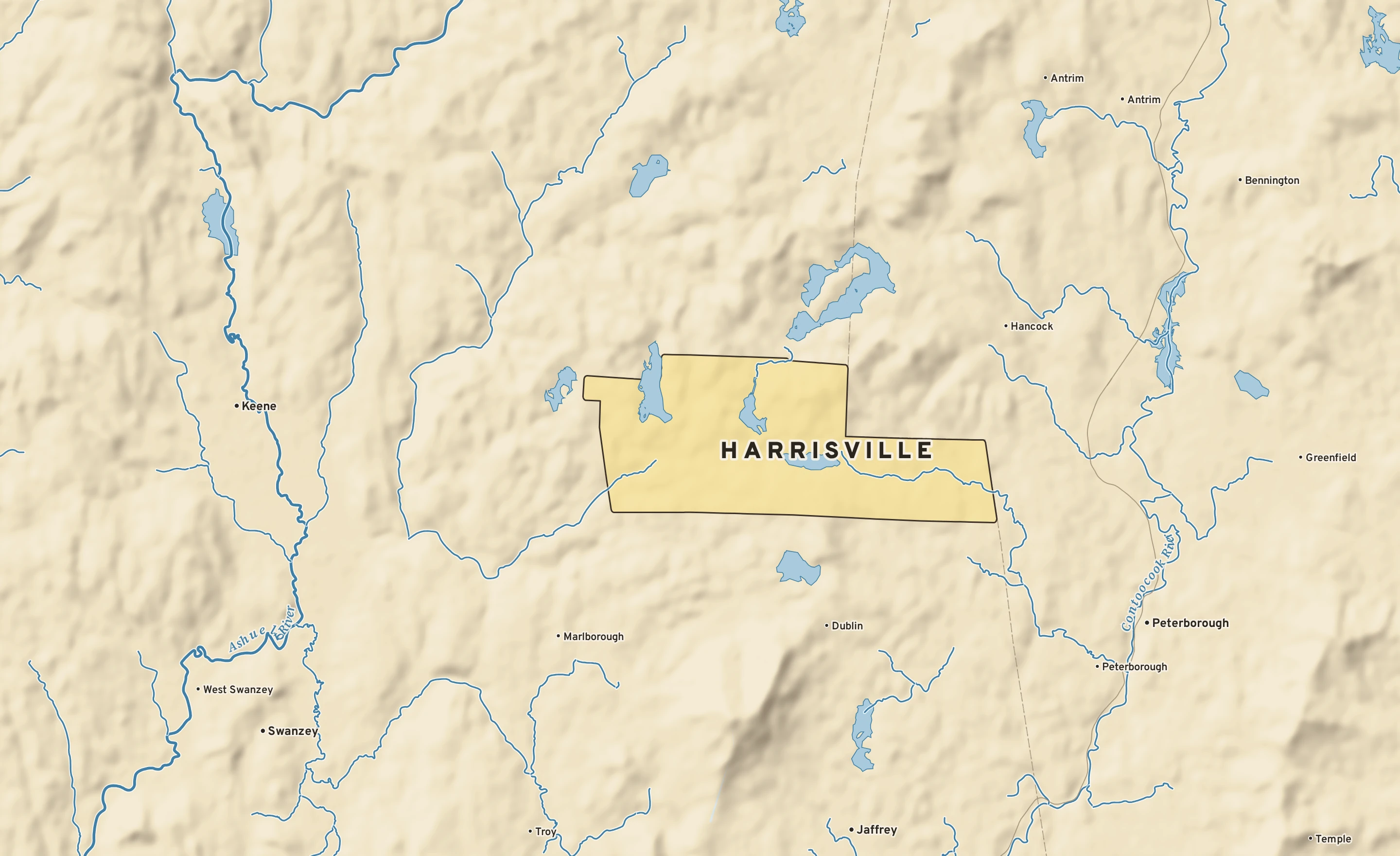 Shaded-relief atlas plate of Harrisville, New Hampshire: rivers, roads, the city limits and where the water drains.