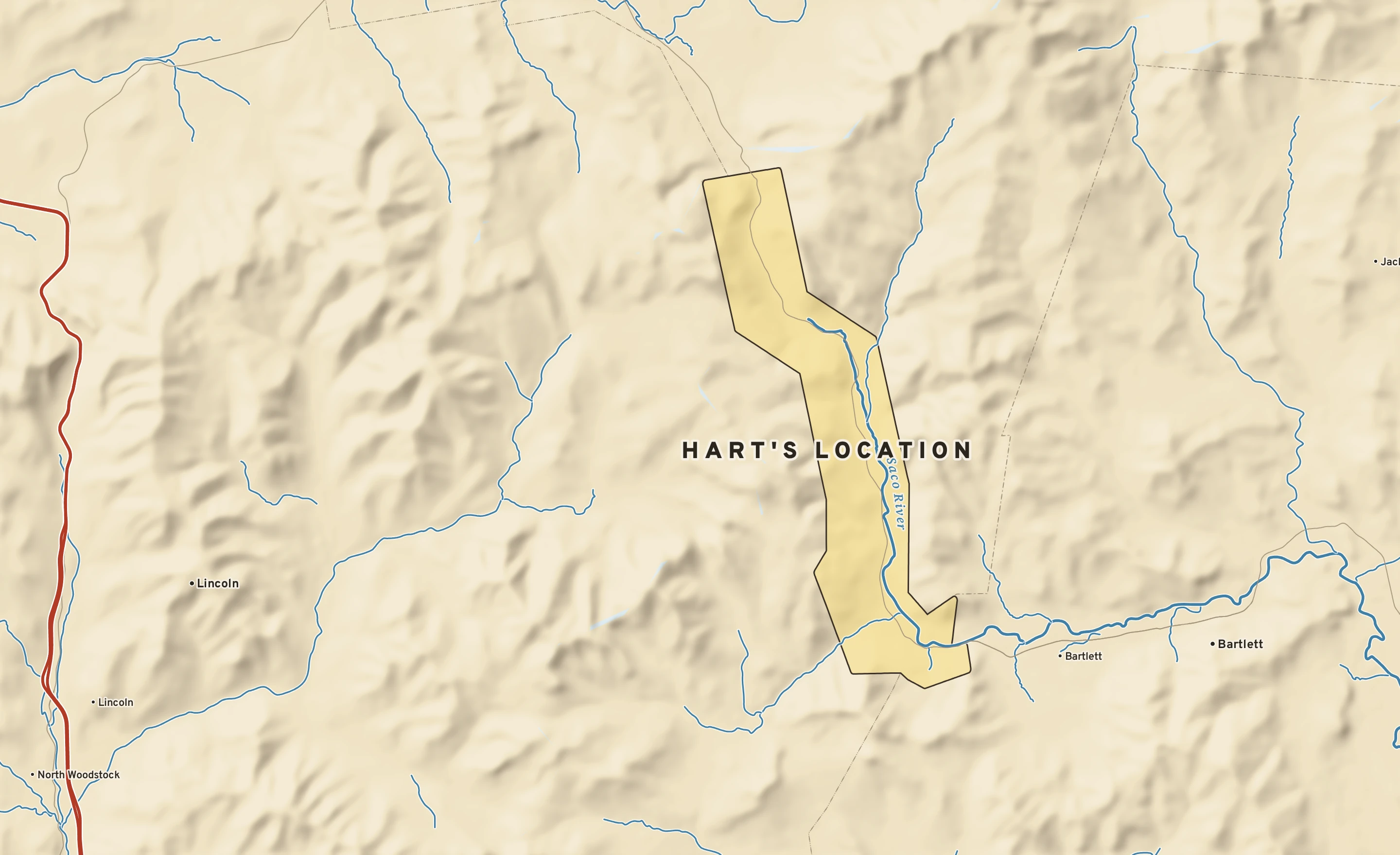 Shaded-relief atlas plate of Hart's Location, New Hampshire: rivers, roads, the city limits and where the water drains.