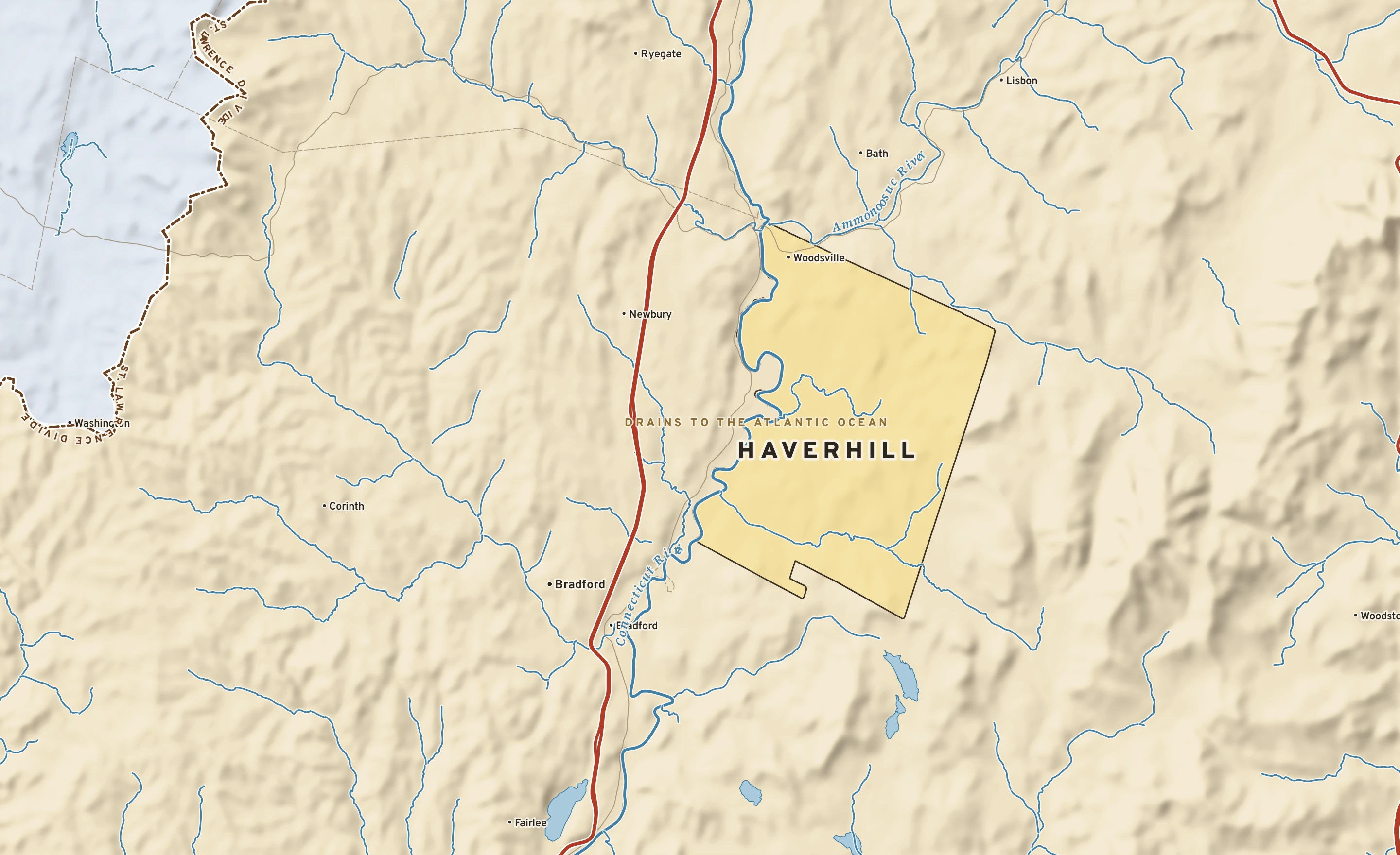 Shaded-relief atlas plate of Haverhill, New Hampshire: rivers, roads, the city limits and where the water drains.