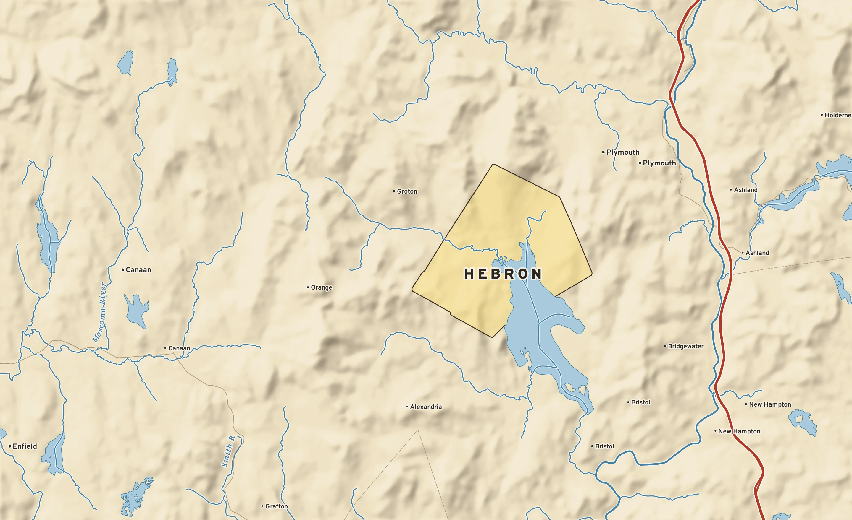 Shaded-relief atlas plate of Hebron, New Hampshire: rivers, roads, the city limits and where the water drains.