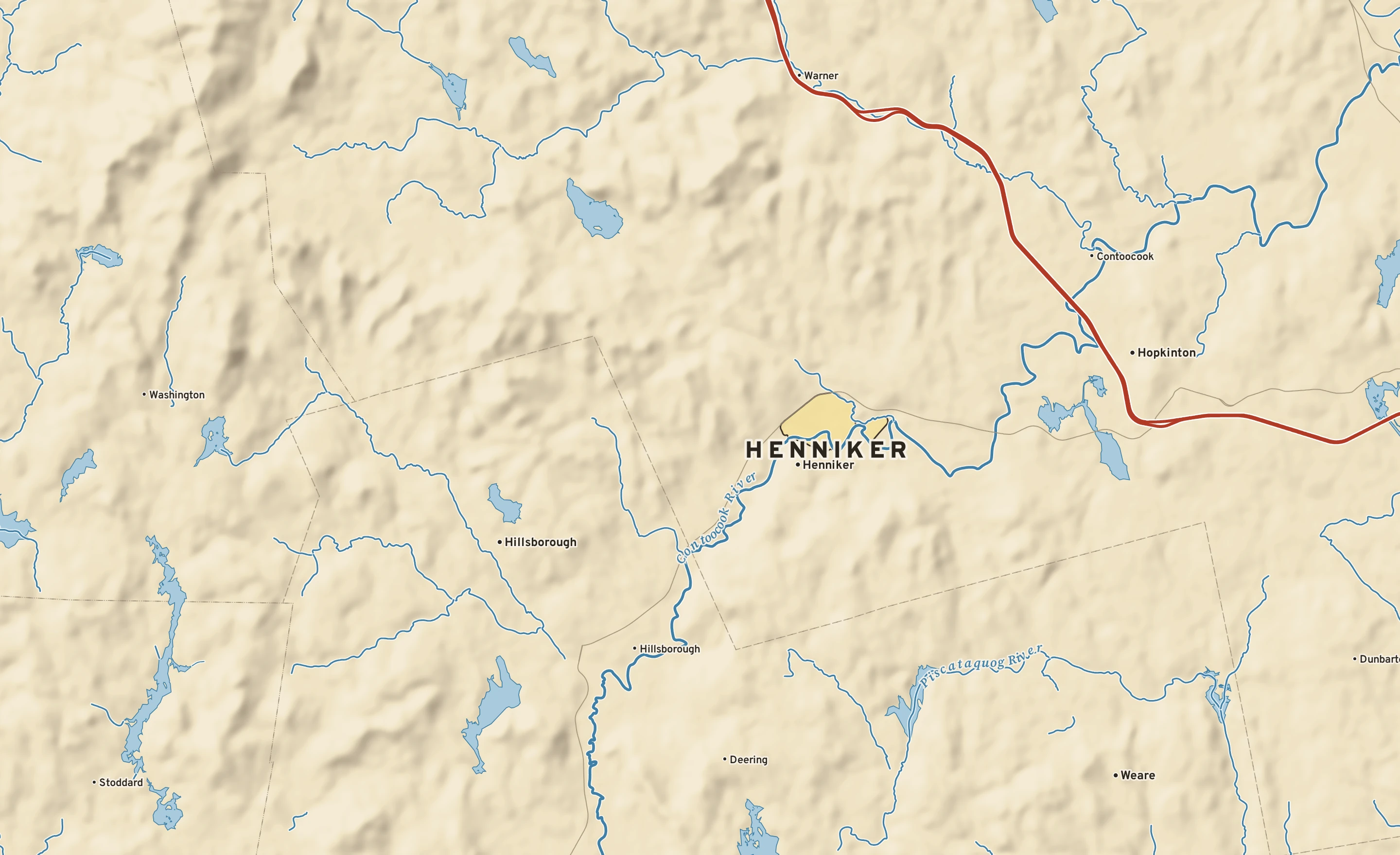 Shaded-relief atlas plate of Henniker, New Hampshire: rivers, roads, the city limits and where the water drains.