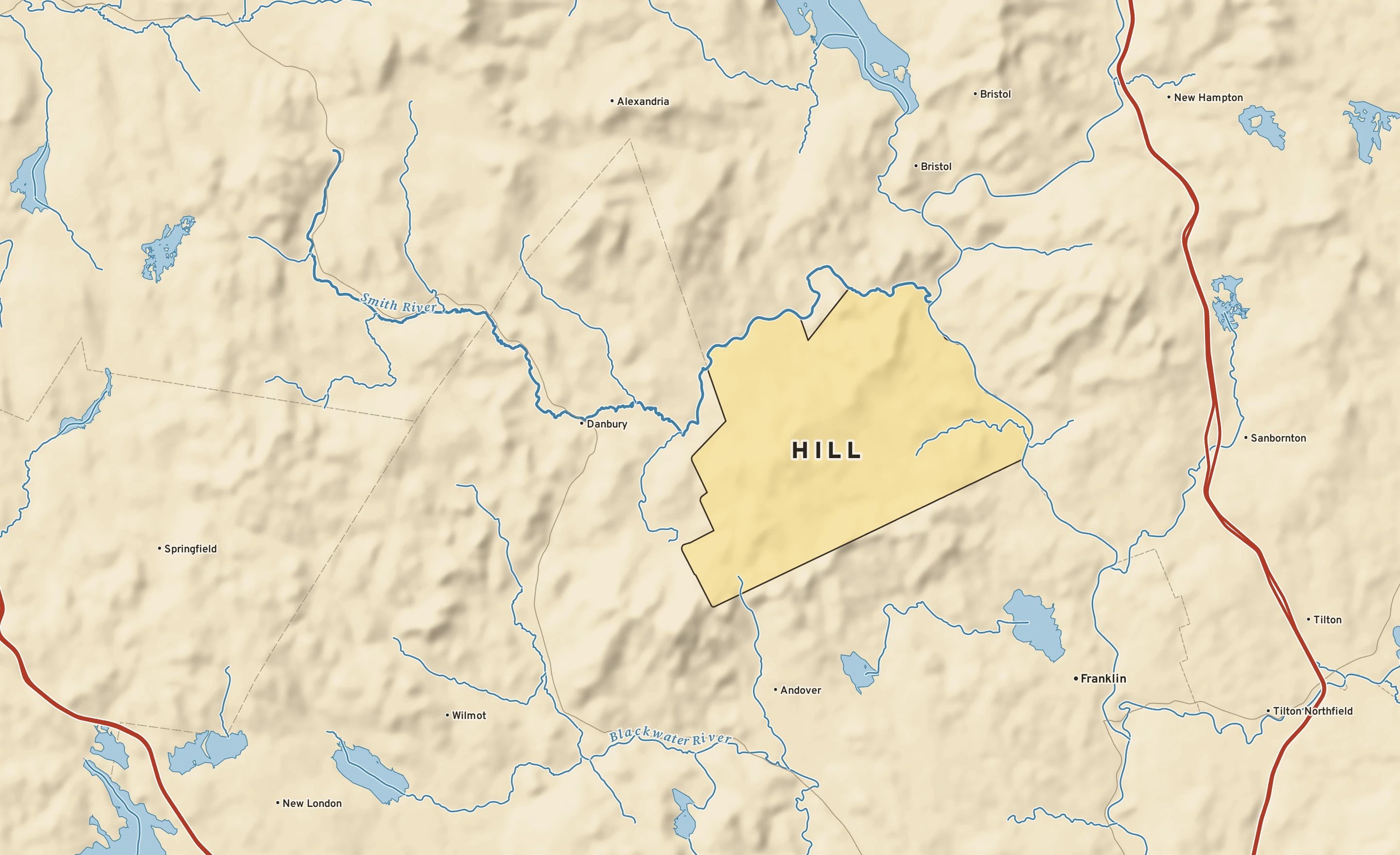 Shaded-relief atlas plate of Hill, New Hampshire: rivers, roads, the city limits and where the water drains.