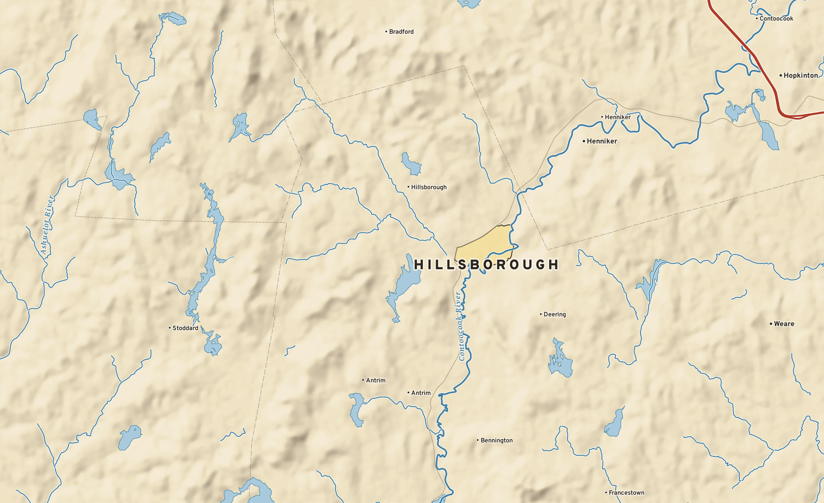 Shaded-relief atlas plate of Hillsborough, New Hampshire: rivers, roads, the city limits and where the water drains.