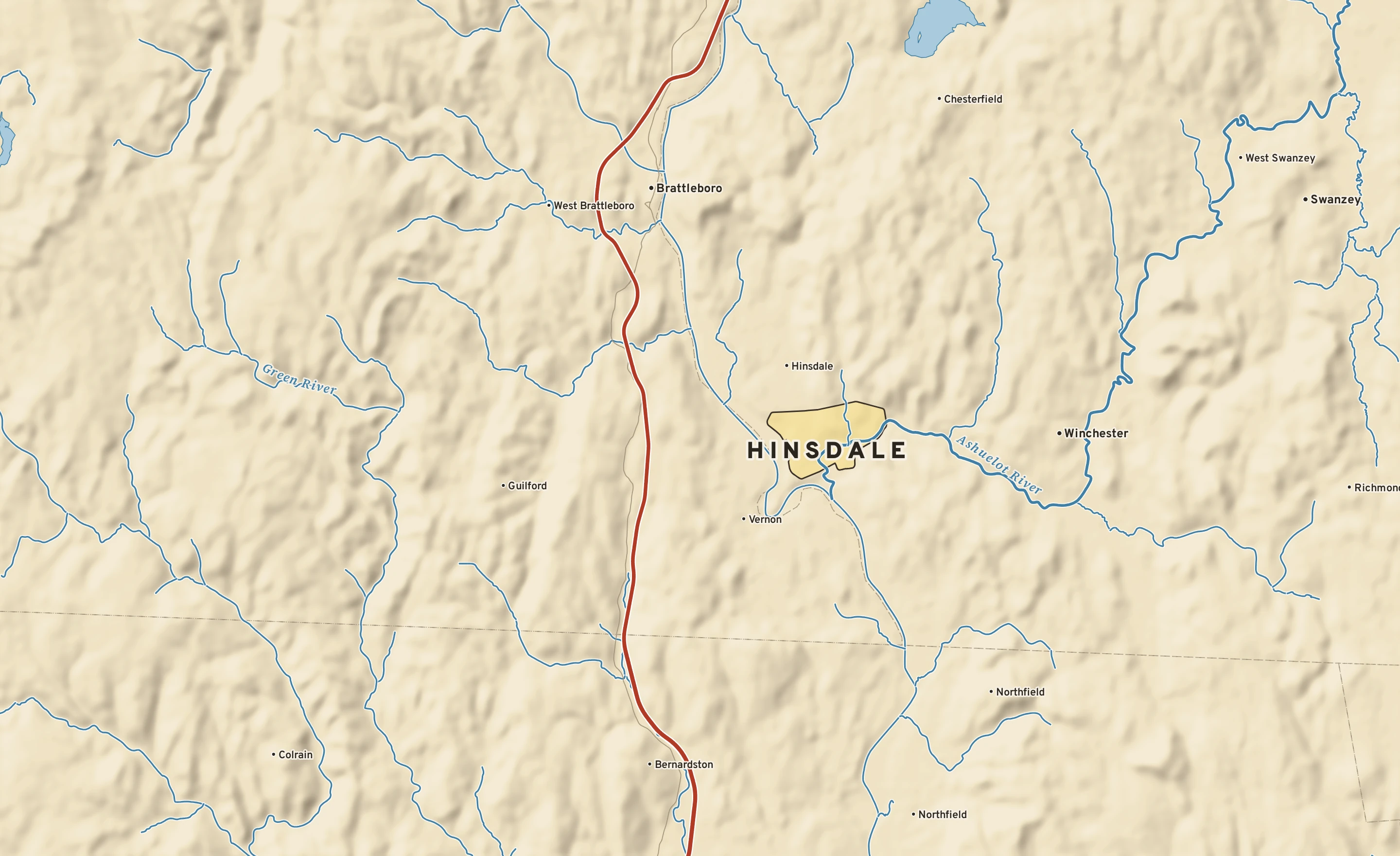 Shaded-relief atlas plate of Hinsdale, New Hampshire: rivers, roads, the city limits and where the water drains.