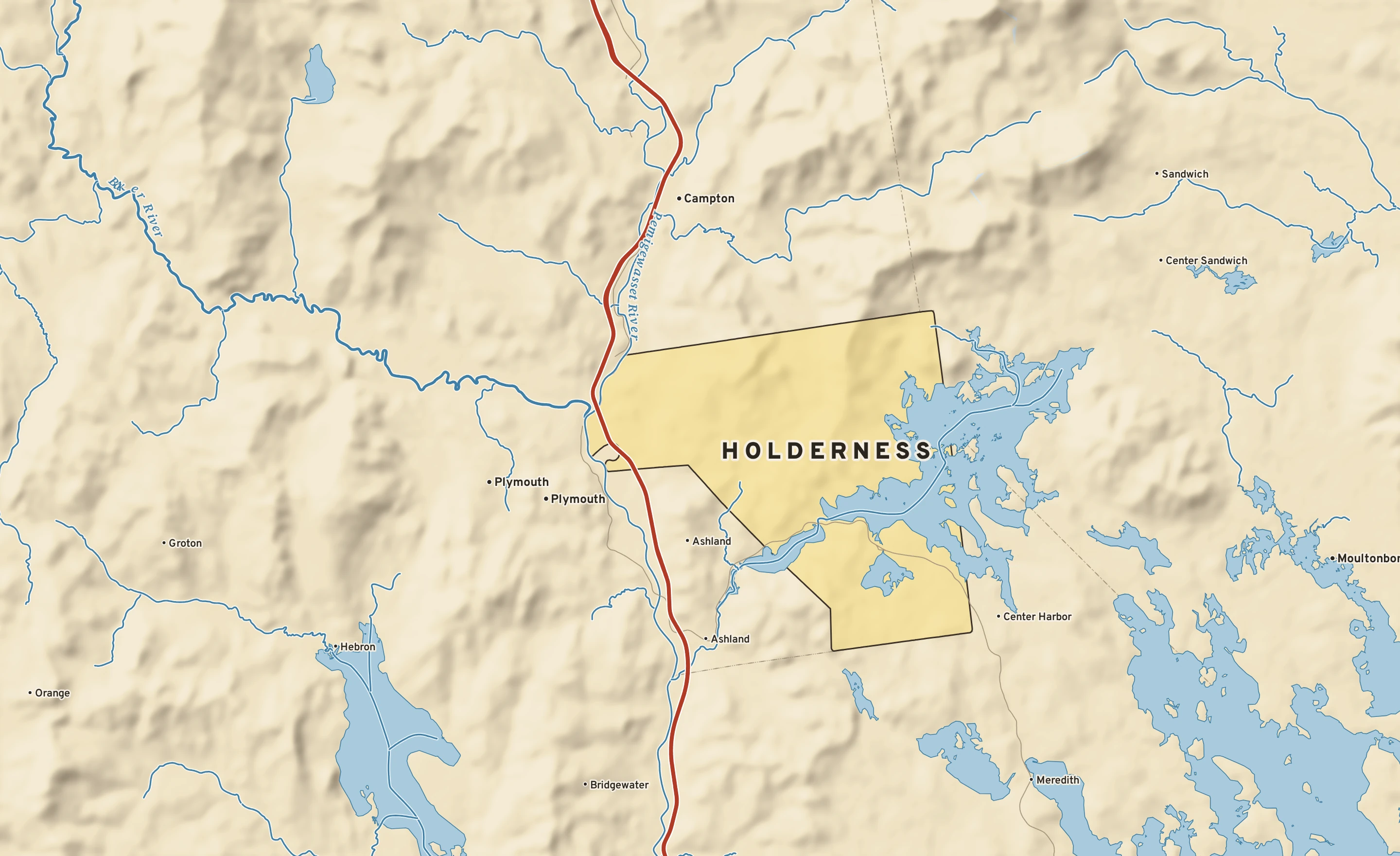 Shaded-relief atlas plate of Holderness, New Hampshire: rivers, roads, the city limits and where the water drains.