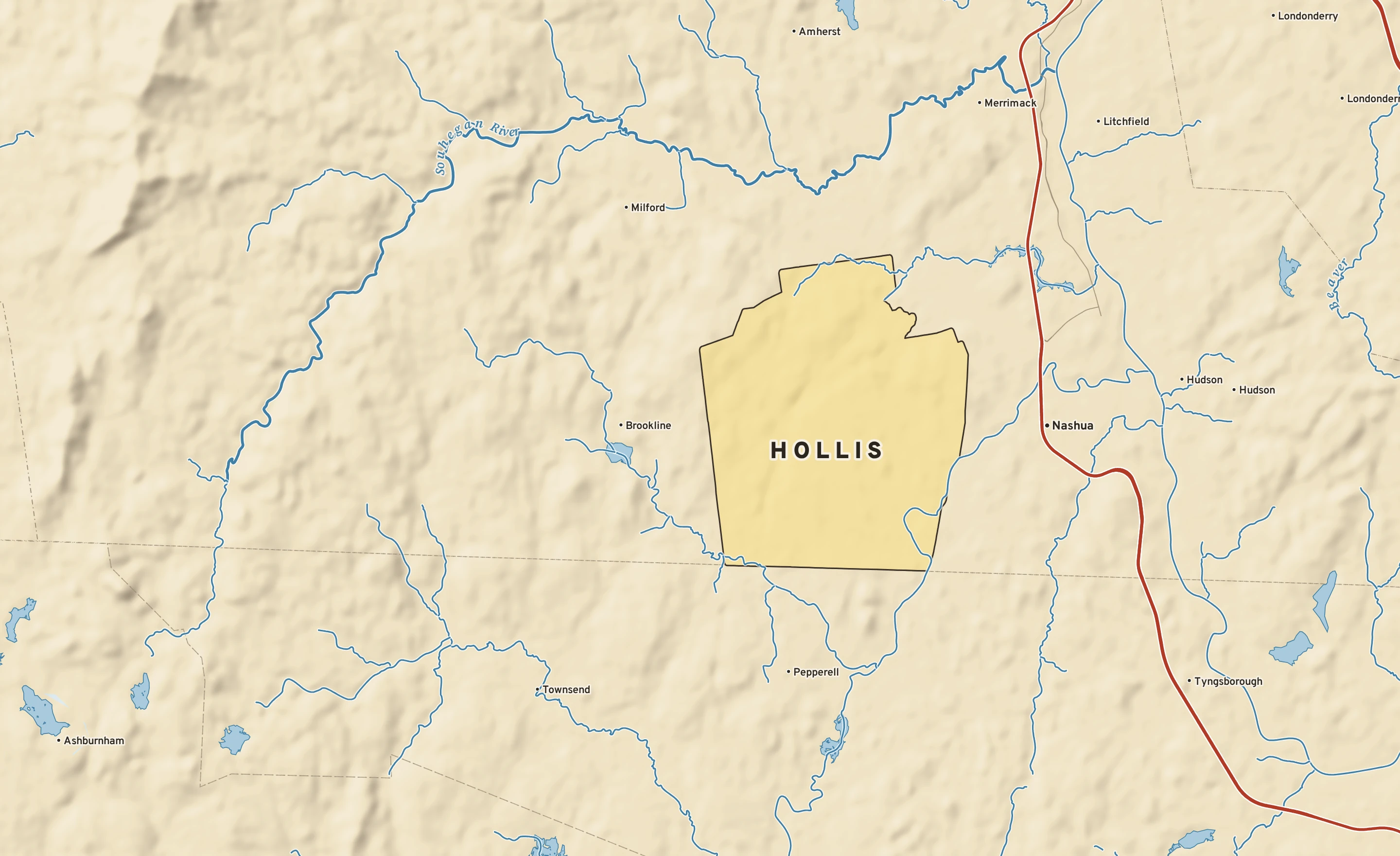 Shaded-relief atlas plate of Hollis, New Hampshire: rivers, roads, the city limits and where the water drains.