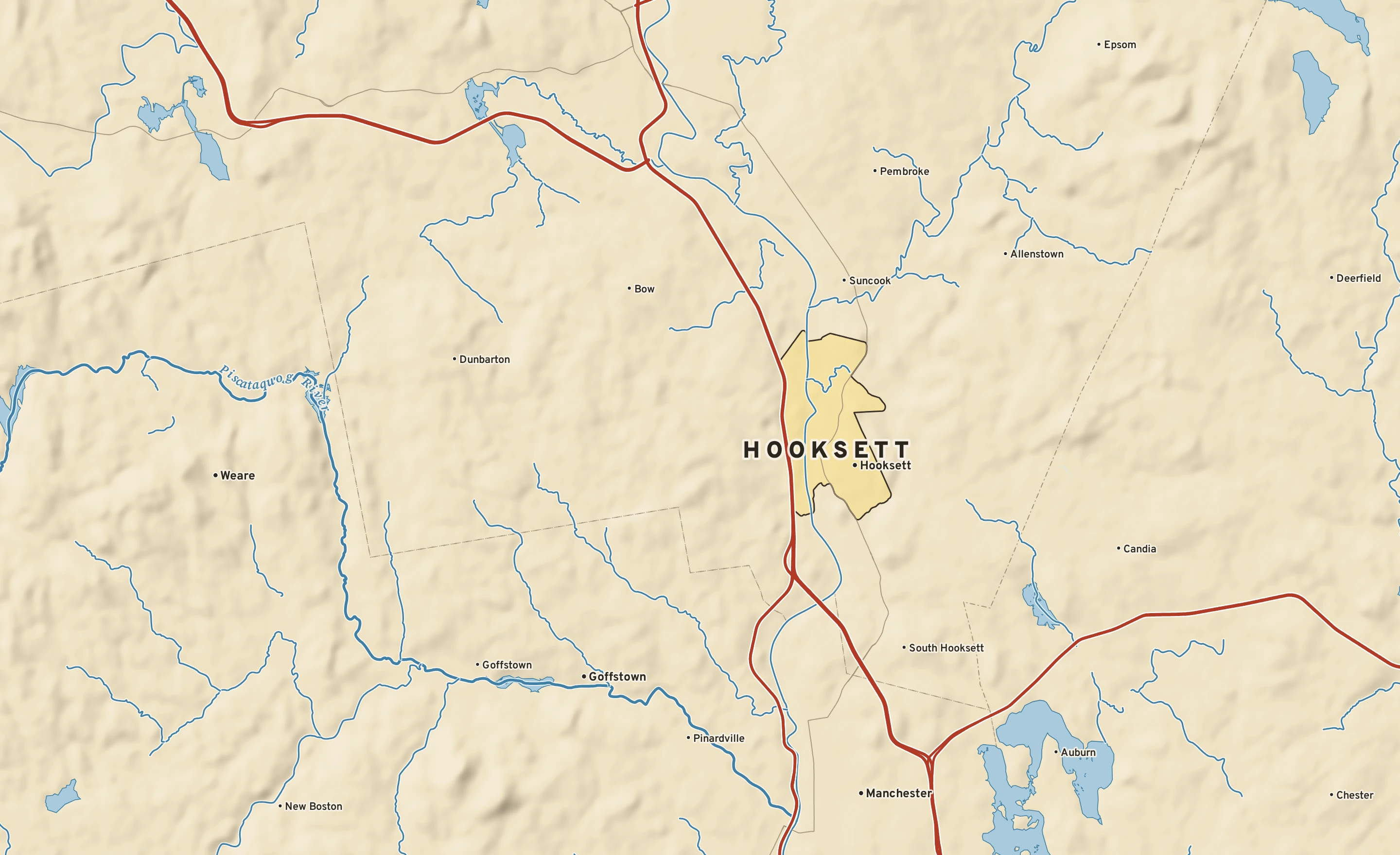 Shaded-relief atlas plate of Hooksett, New Hampshire: rivers, roads, the city limits and where the water drains.
