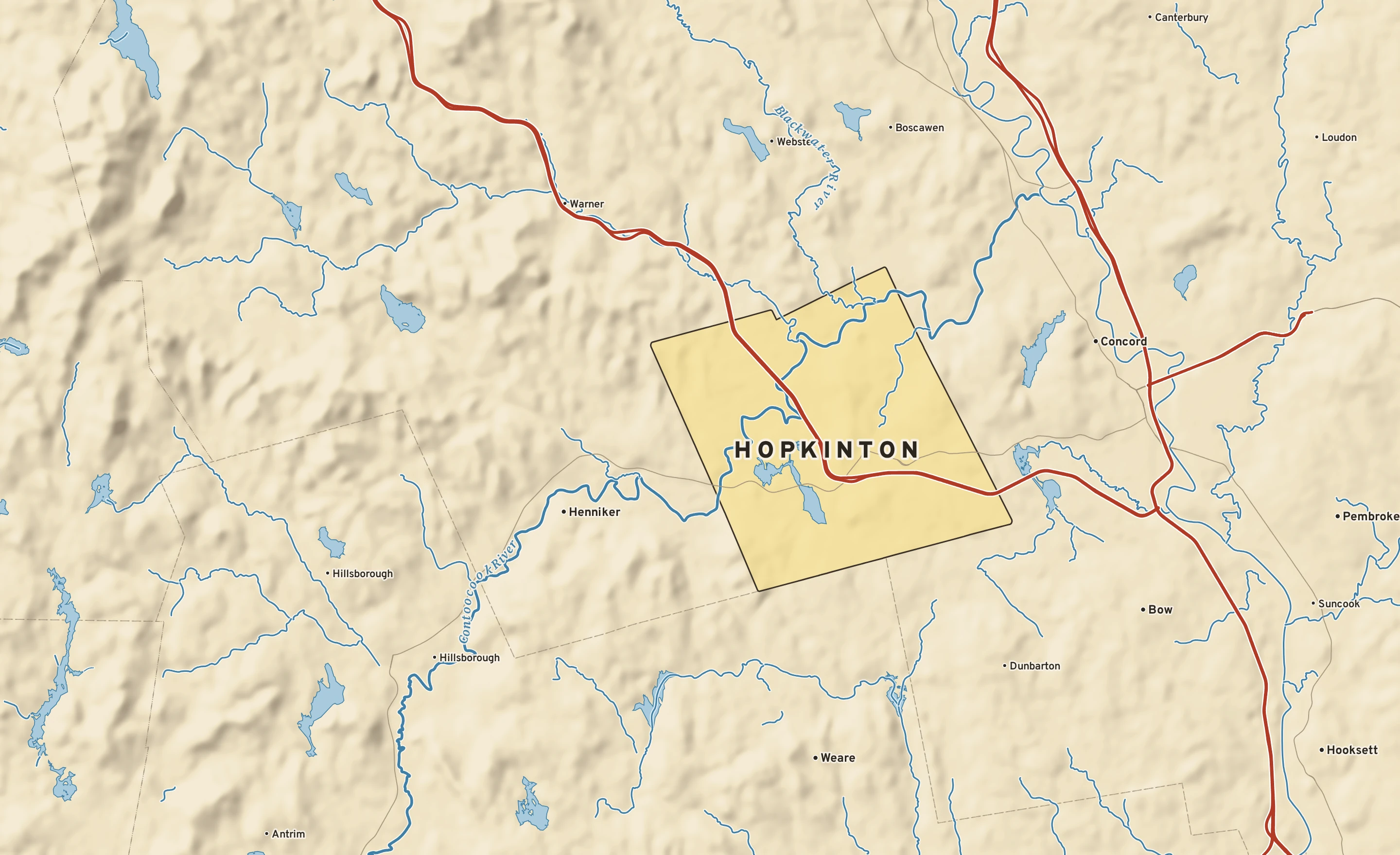Shaded-relief atlas plate of Hopkinton, New Hampshire: rivers, roads, the city limits and where the water drains.