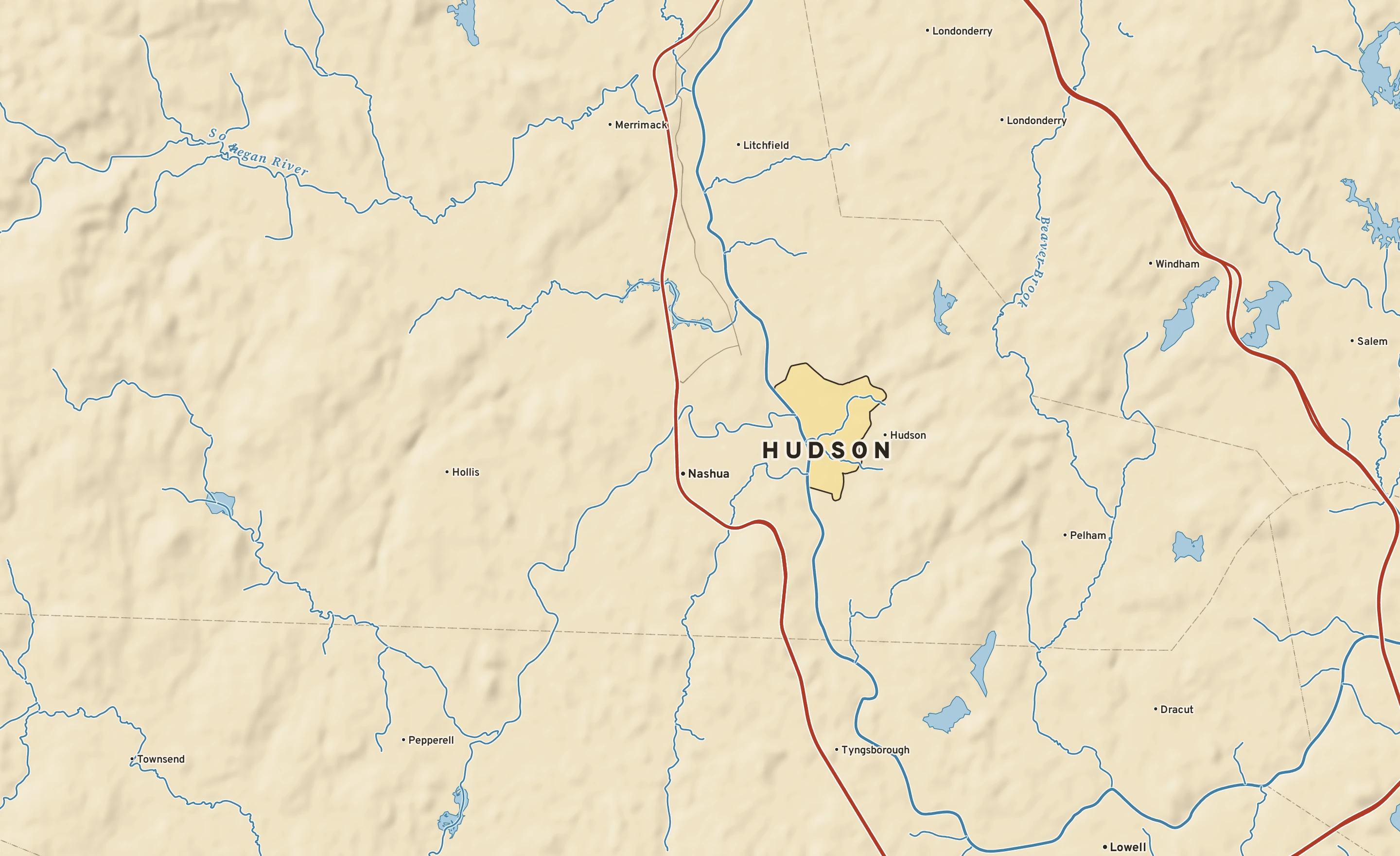 Shaded-relief atlas plate of Hudson, New Hampshire: rivers, roads, the city limits and where the water drains.