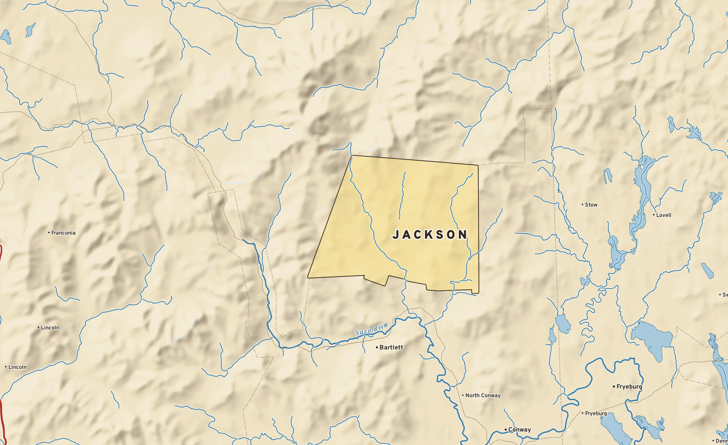 Shaded-relief atlas plate of Jackson, New Hampshire: rivers, roads, the city limits and where the water drains.