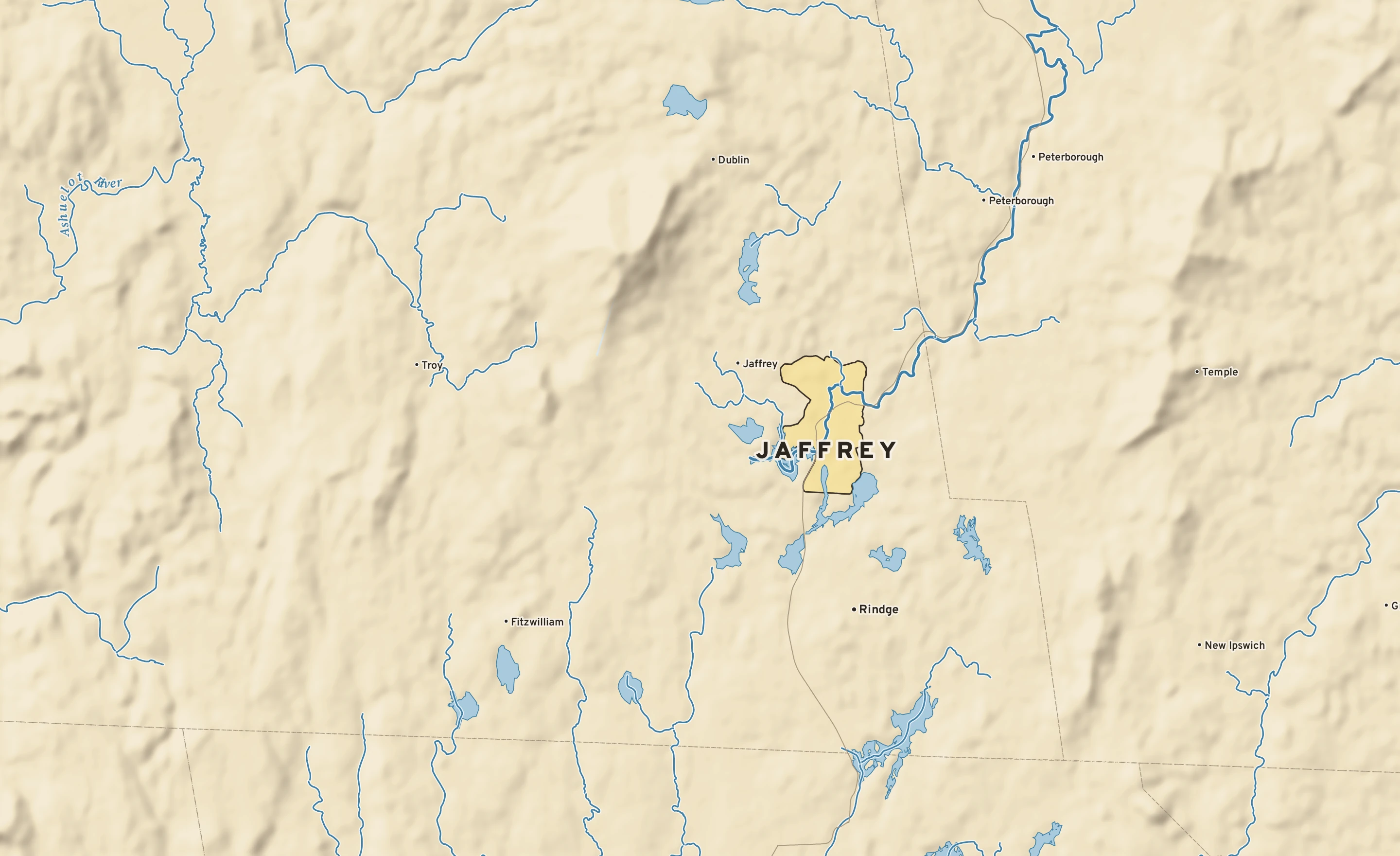 Shaded-relief atlas plate of Jaffrey, New Hampshire: rivers, roads, the city limits and where the water drains.