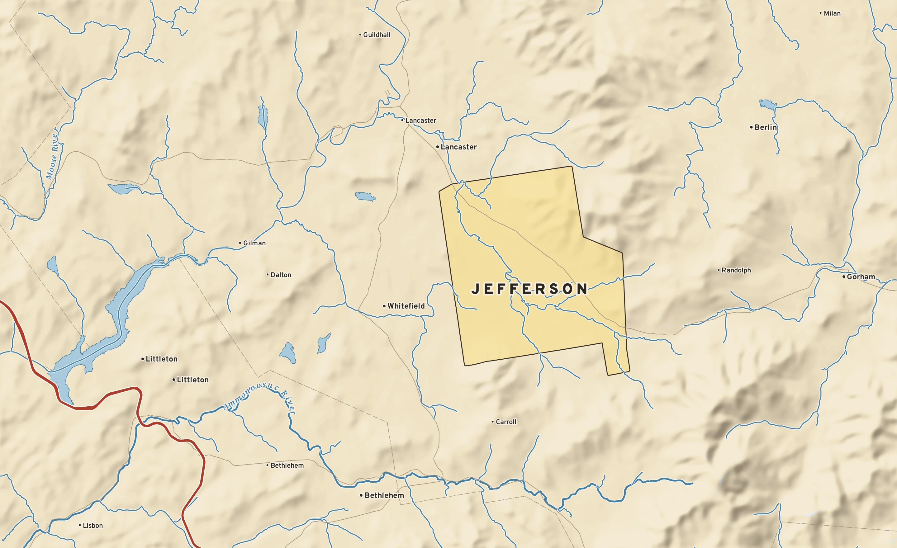 Shaded-relief atlas plate of Jefferson, New Hampshire: rivers, roads, the city limits and where the water drains.