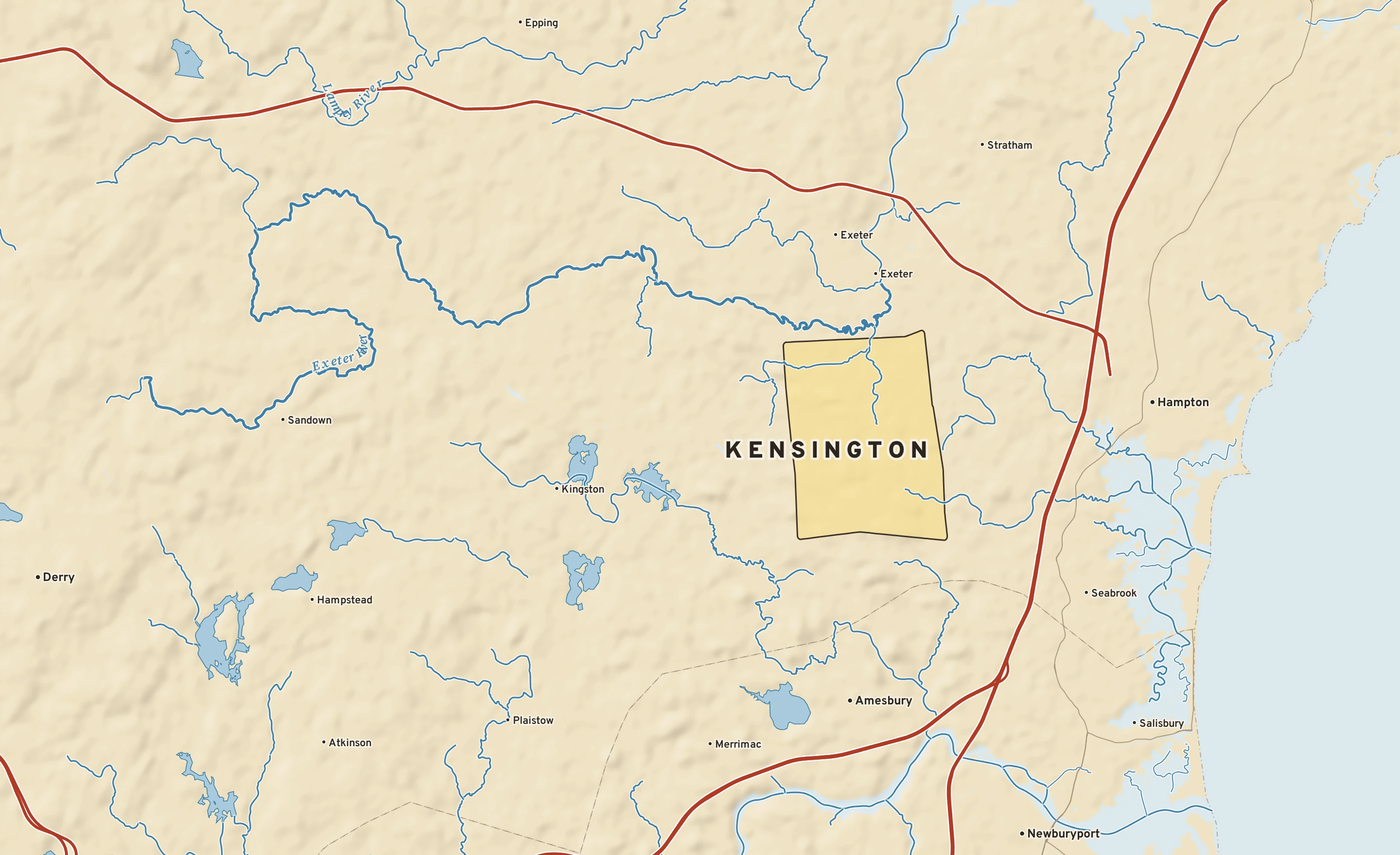 Shaded-relief atlas plate of Kensington, New Hampshire: rivers, roads, the city limits and where the water drains.