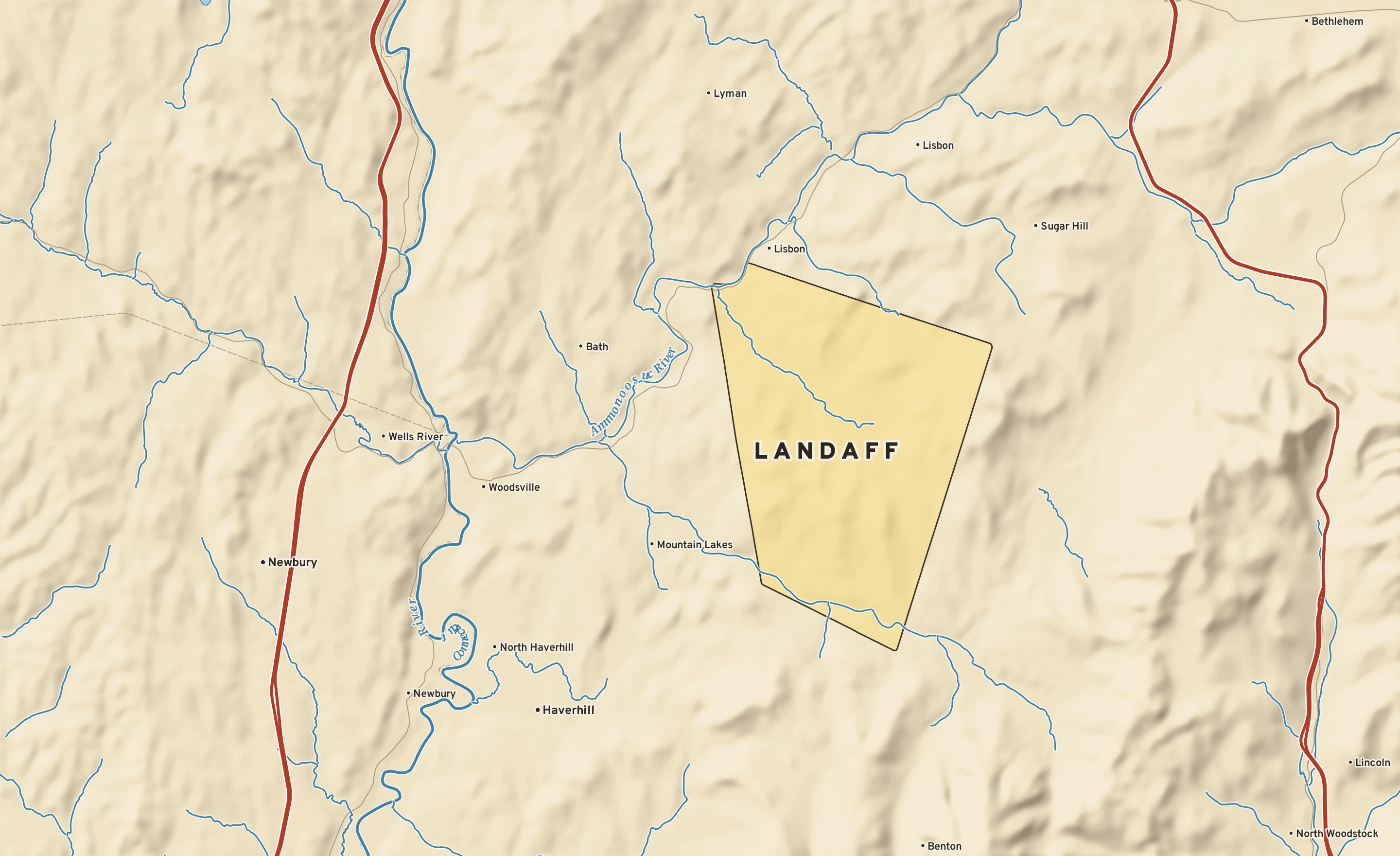 Shaded-relief atlas plate of Landaff, New Hampshire: rivers, roads, the city limits and where the water drains.