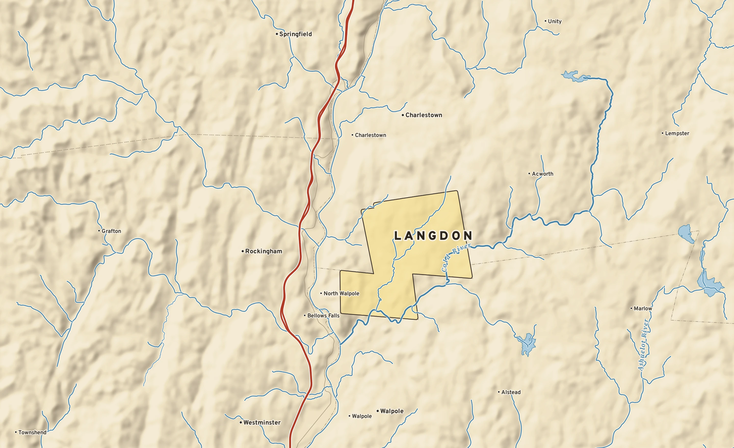 Shaded-relief atlas plate of Langdon, New Hampshire: rivers, roads, the city limits and where the water drains.