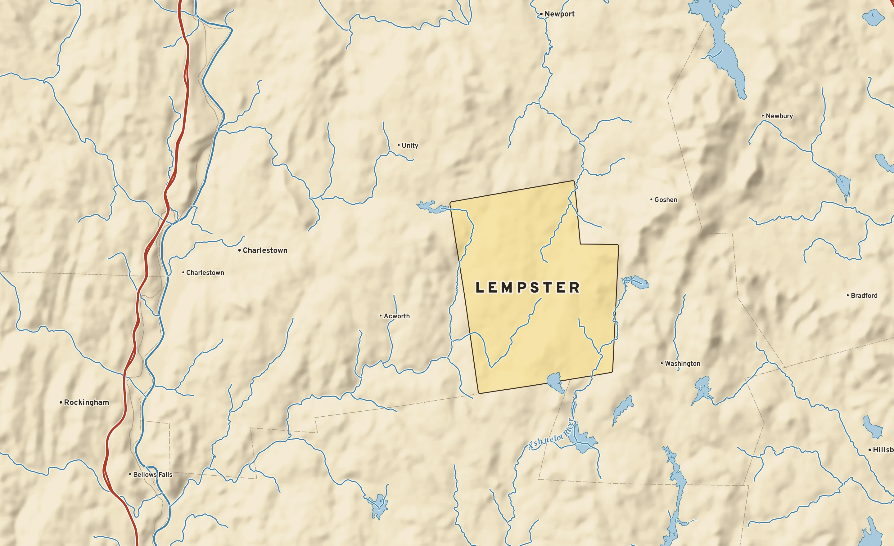 Shaded-relief atlas plate of Lempster, New Hampshire: rivers, roads, the city limits and where the water drains.