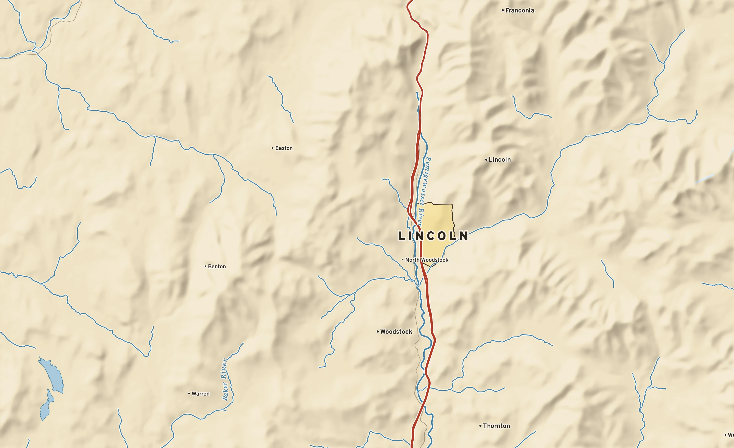 Shaded-relief atlas plate of Lincoln, New Hampshire: rivers, roads, the city limits and where the water drains.