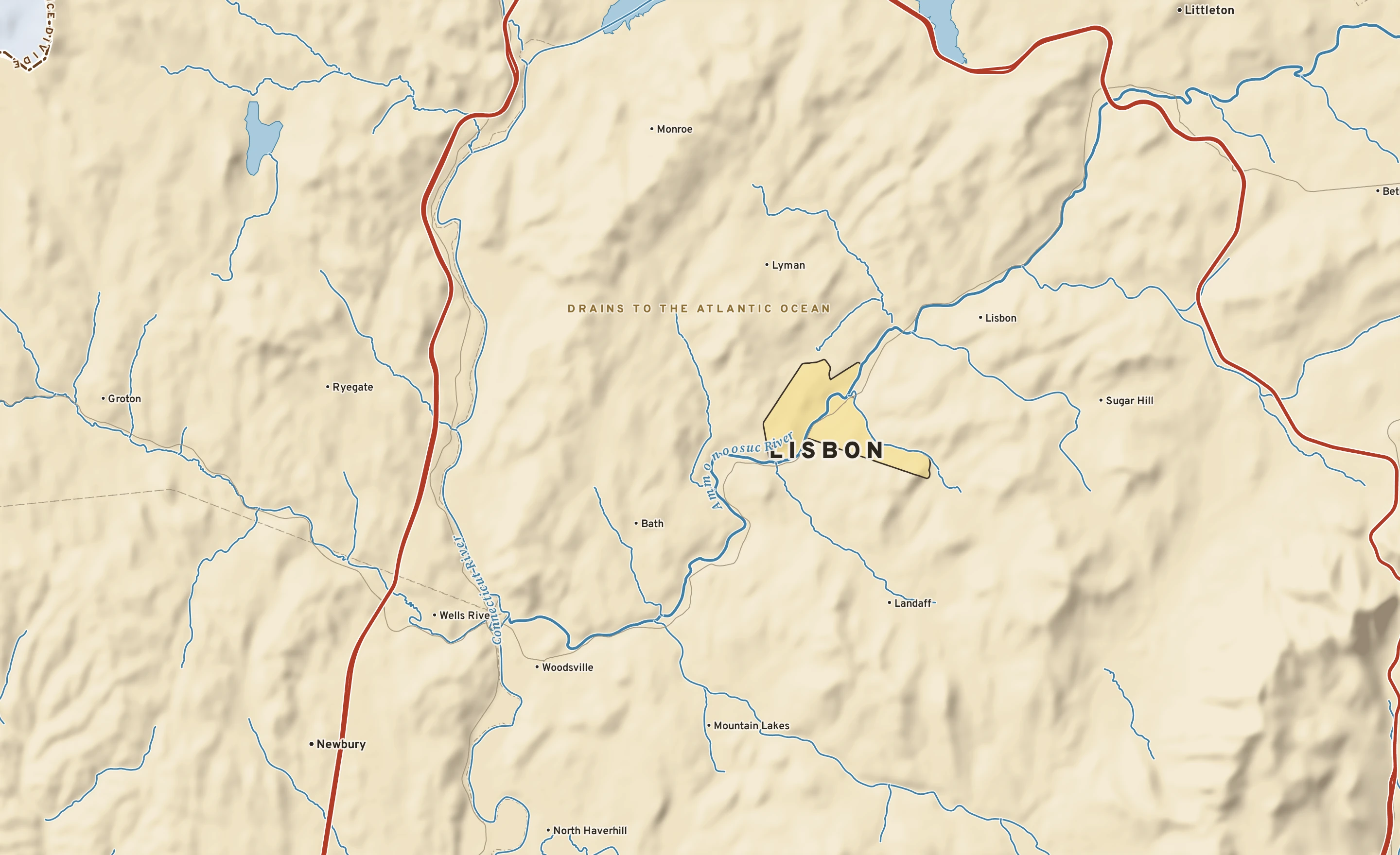 Shaded-relief atlas plate of Lisbon, New Hampshire: rivers, roads, the city limits and where the water drains.