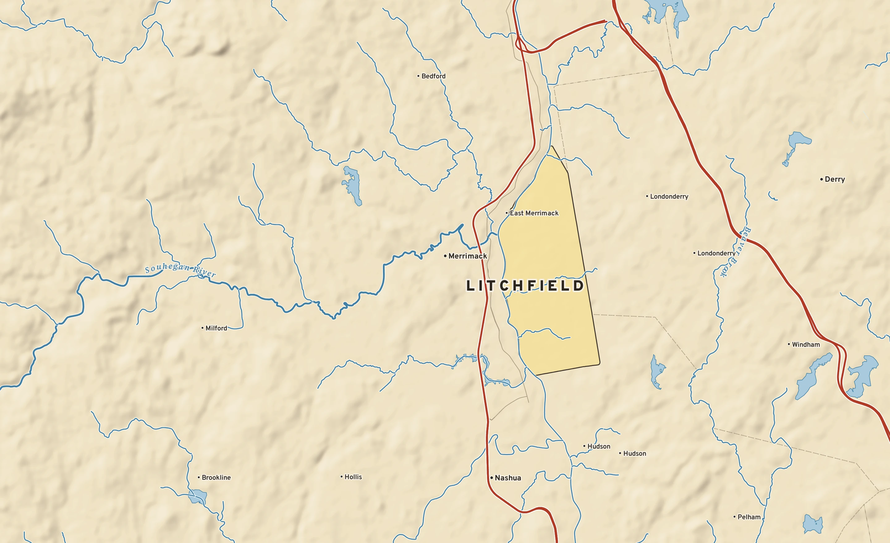 Shaded-relief atlas plate of Litchfield, New Hampshire: rivers, roads, the city limits and where the water drains.