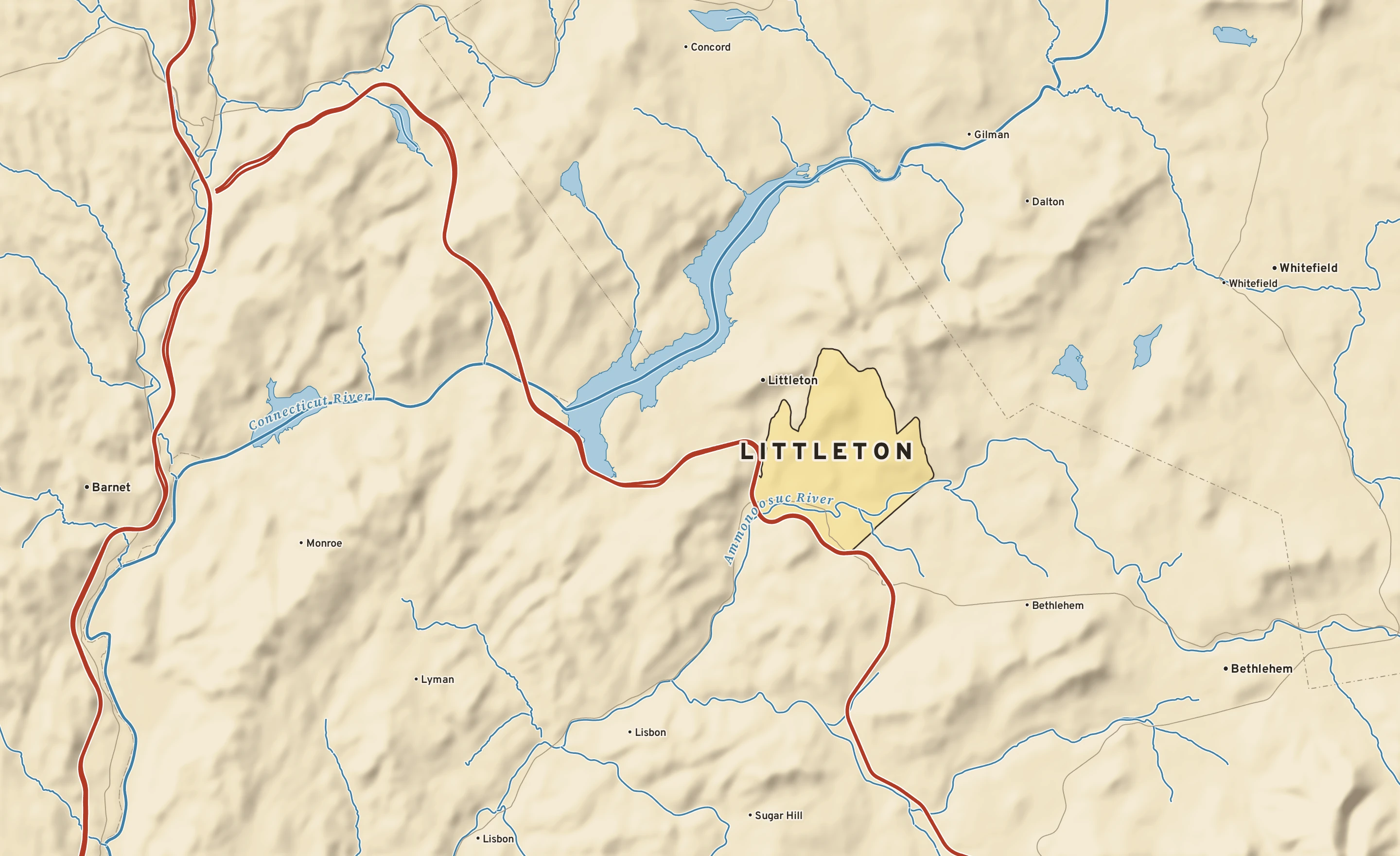 Shaded-relief atlas plate of Littleton, New Hampshire: rivers, roads, the city limits and where the water drains.