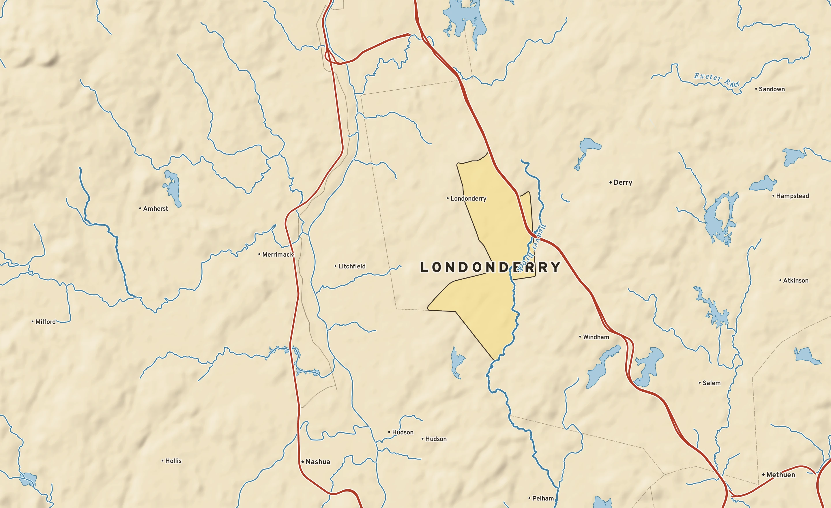 Shaded-relief atlas plate of Londonderry, New Hampshire: rivers, roads, the city limits and where the water drains.