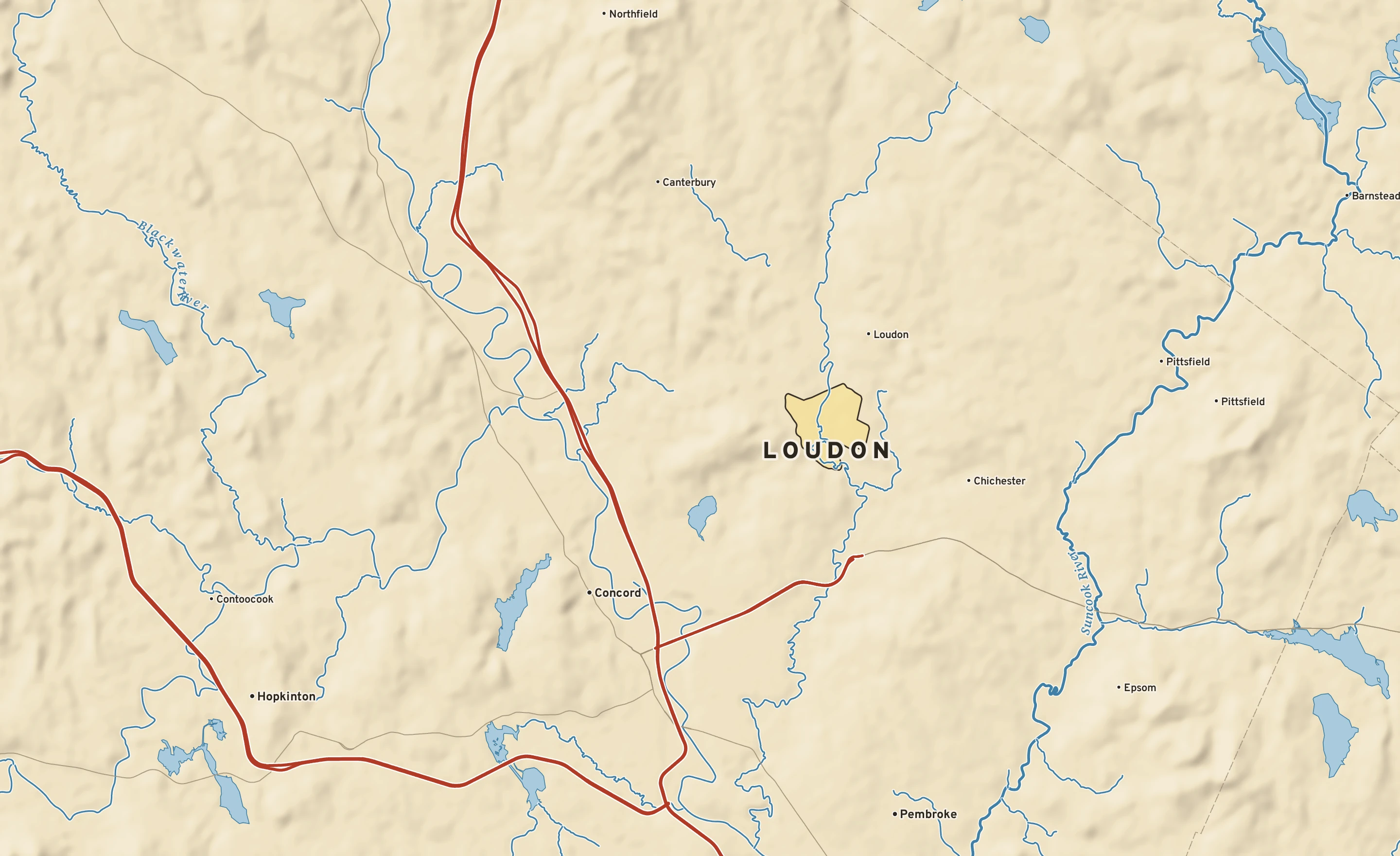 Shaded-relief atlas plate of Loudon, New Hampshire: rivers, roads, the city limits and where the water drains.