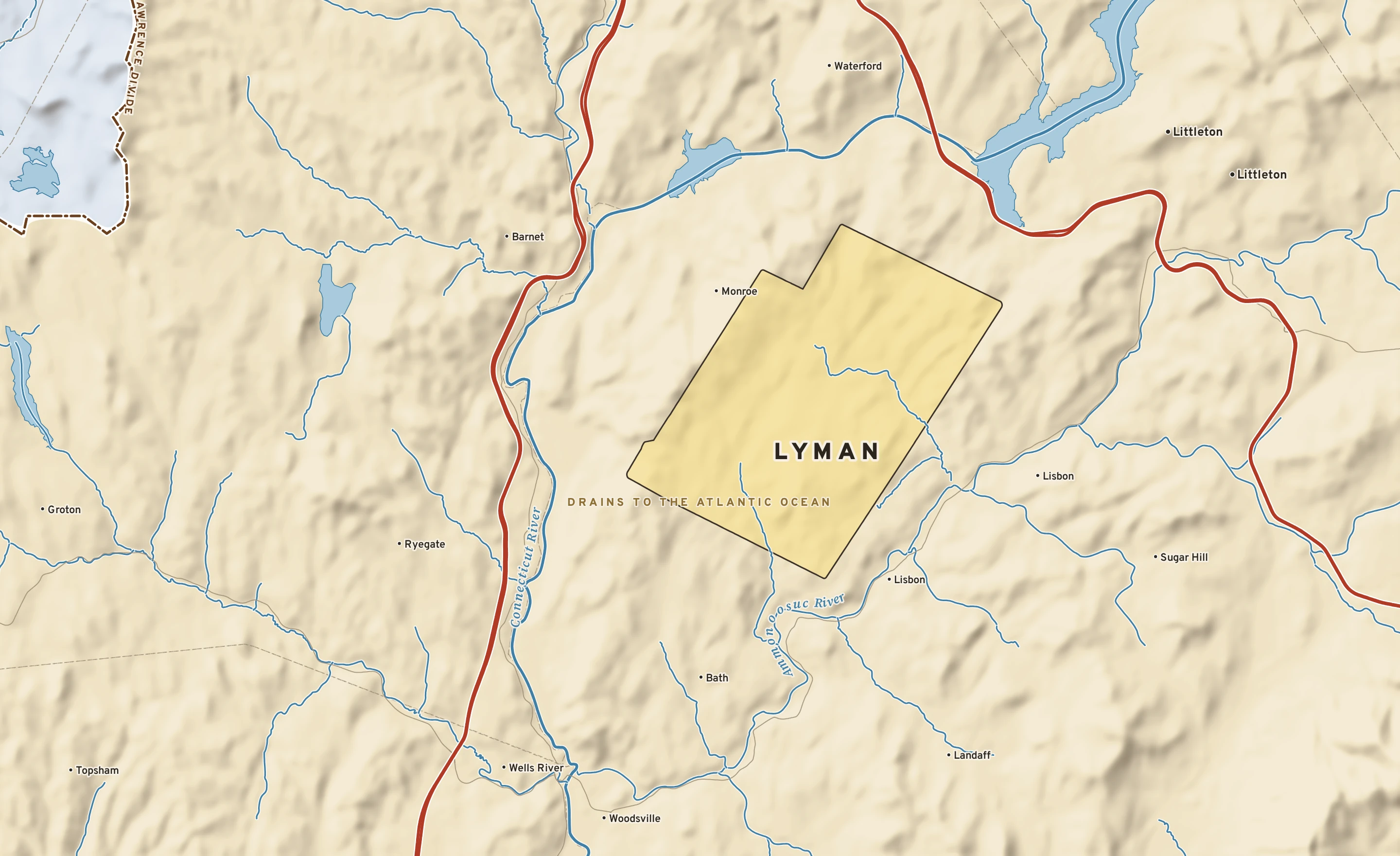 Shaded-relief atlas plate of Lyman, New Hampshire: rivers, roads, the city limits and where the water drains.