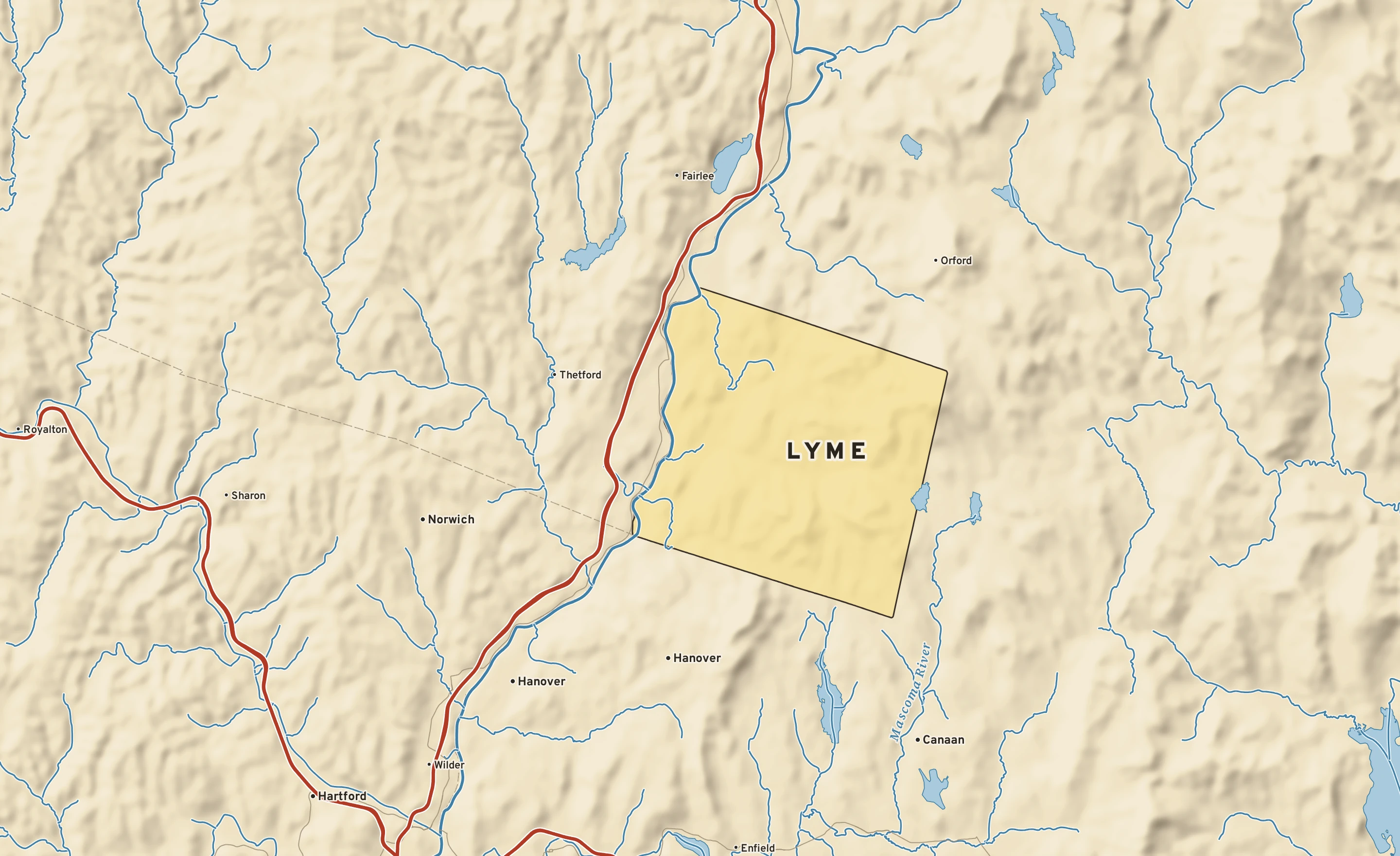 Shaded-relief atlas plate of Lyme, New Hampshire: rivers, roads, the city limits and where the water drains.